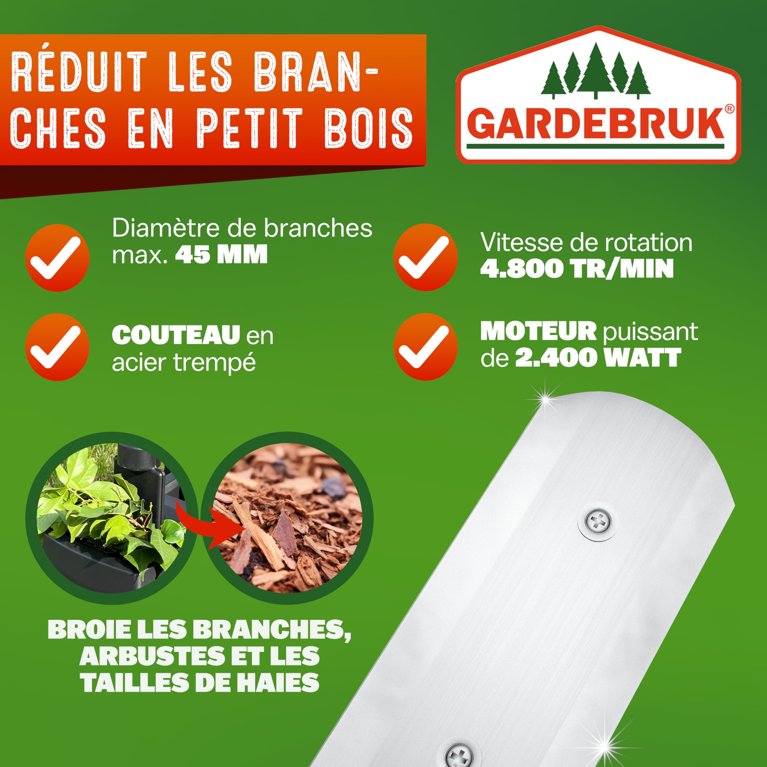 GARDEBRUK® Broyeur de végétaux électrique 2.400W broyeur de Branches Couteau Lame Max. 45mm bac 2X 50L broyeur de Jardin déchiqueteur Bois Compost Jardin