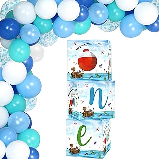 Ofishally One Birthday Decorations Gone Fishing First Birthday Decorations For Boy Gone Fishing Boxes Balloons Birthday Party Supplies Blue White Latex Foil Balloon Arch Kit Fishing Themed Party