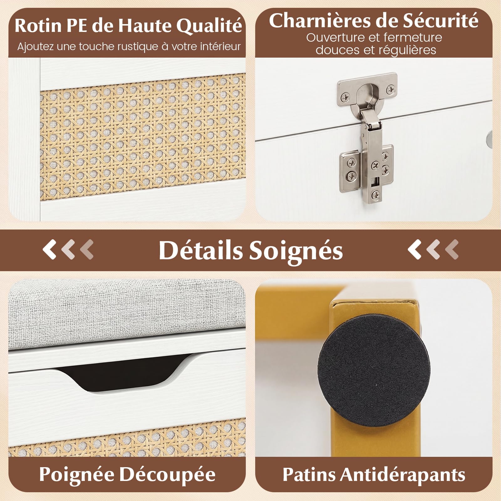COSTWAY Banc de Rangement en Rotin 100 cm, Banc Chaussures Entrée, Coussin Rembourrée, Couvercle Abattant, Banquette Coffre pour Entrée Salon Chambre, Charge 200 kg, 100 x 35 x 44 cm (Blanc)