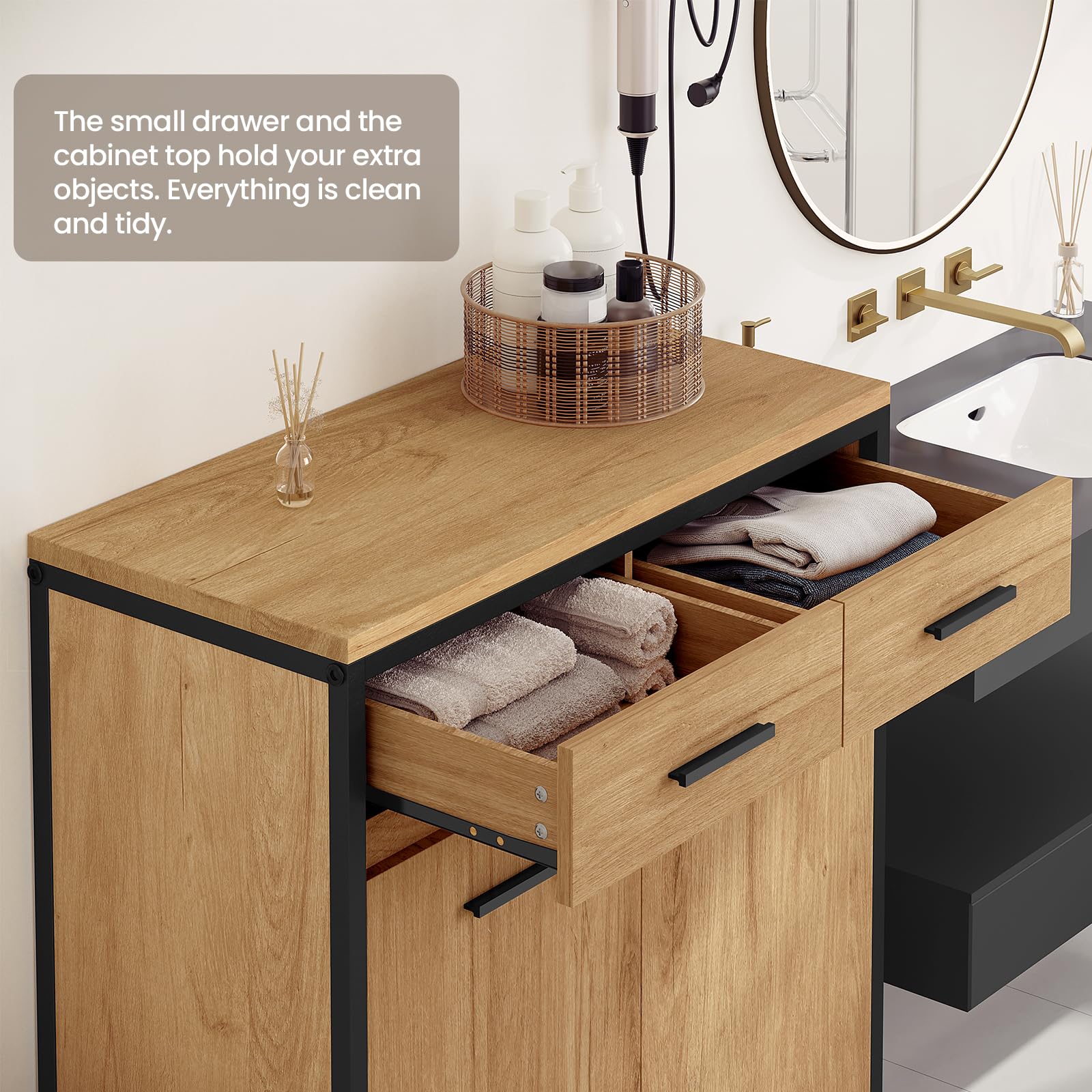 EUGAD Meuble de Salle de Bain, Placard de Rangement, avec Sac Intérieur Amovible avec Poignées, 40 x 78,9 x 80,2 cm, 2 Tiroirs et 2 Paniers à Linge, Meuble de Rangement, Chêne Clair + Noir, 0233WY