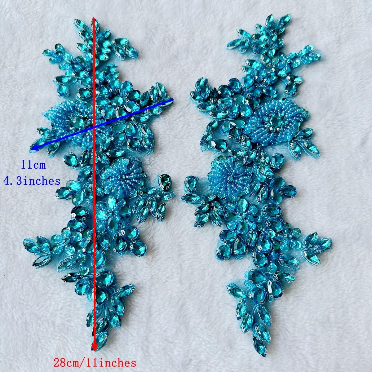 Handmade Shining Rhinestones lace Applique Patches Sewing Beads Sequins Stone Trim Accessories for Wedding Dress 1 Pair/Bag 11X4.3inches (Red)