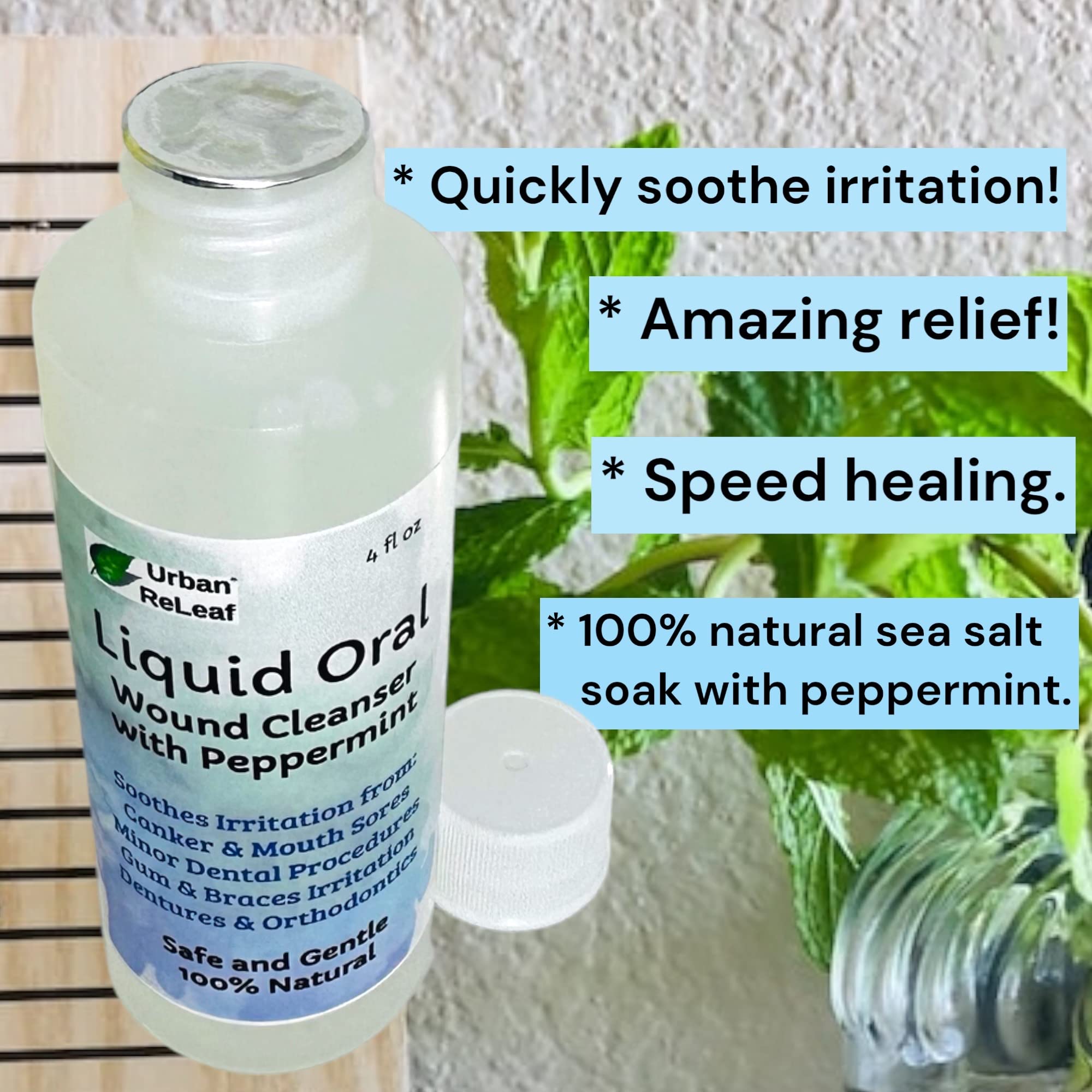 Limpiador líquido oral para heridas con menta. Alivia la irritación. Acelera la curación. Remojo de sal marina natural. Trabajo dental, aparatos ortopédicos, boca, encías, aftas bucales, 2