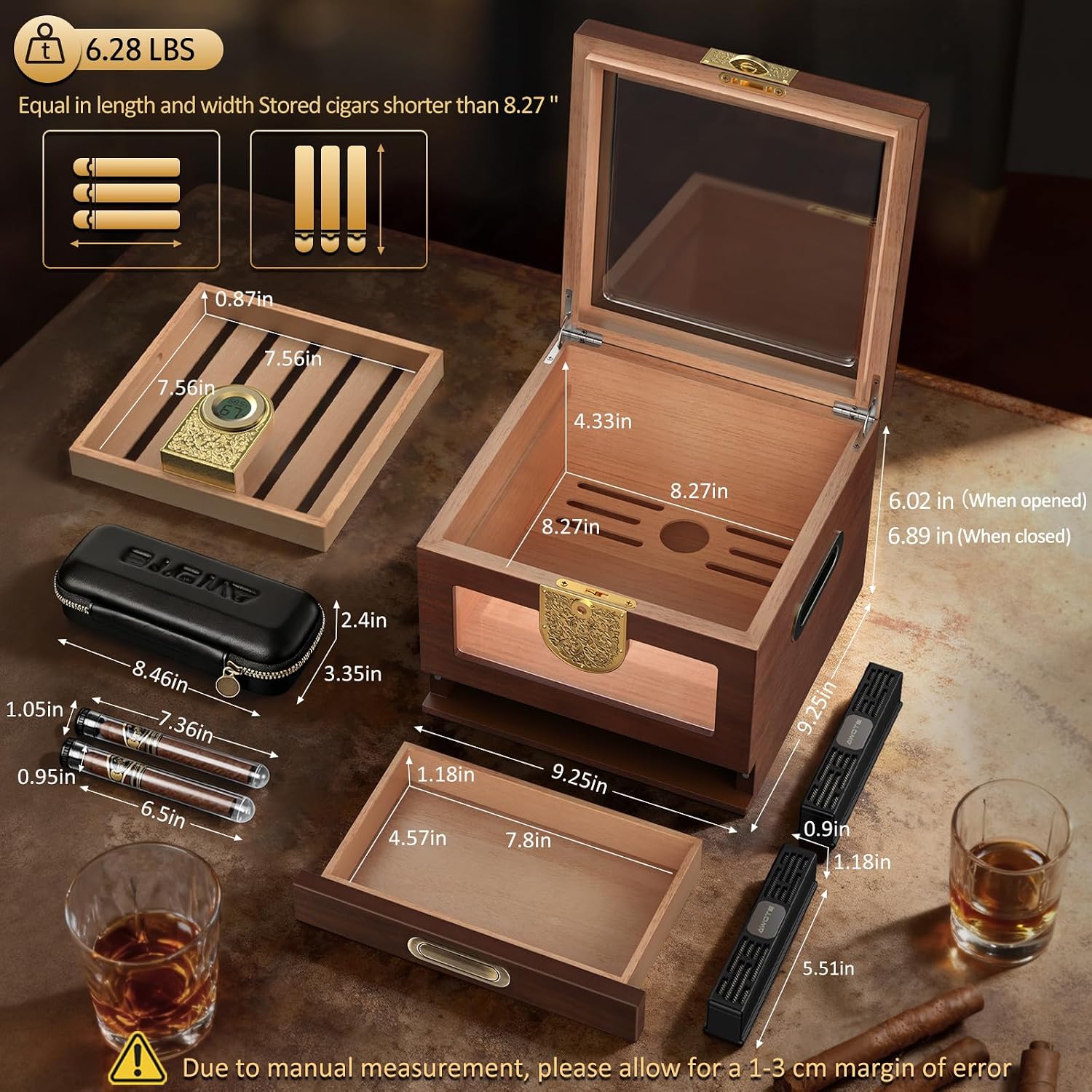 Cigar Humidor, Cedar Wood Humidor Cigar Box, Glass Top Desktop Humidor with Digital Hygrometer, 2 Humidifiers, Accessory Drawer, Portable Travel Cigar Case & Cigar Tubes, Cigar Gifts Set for Men