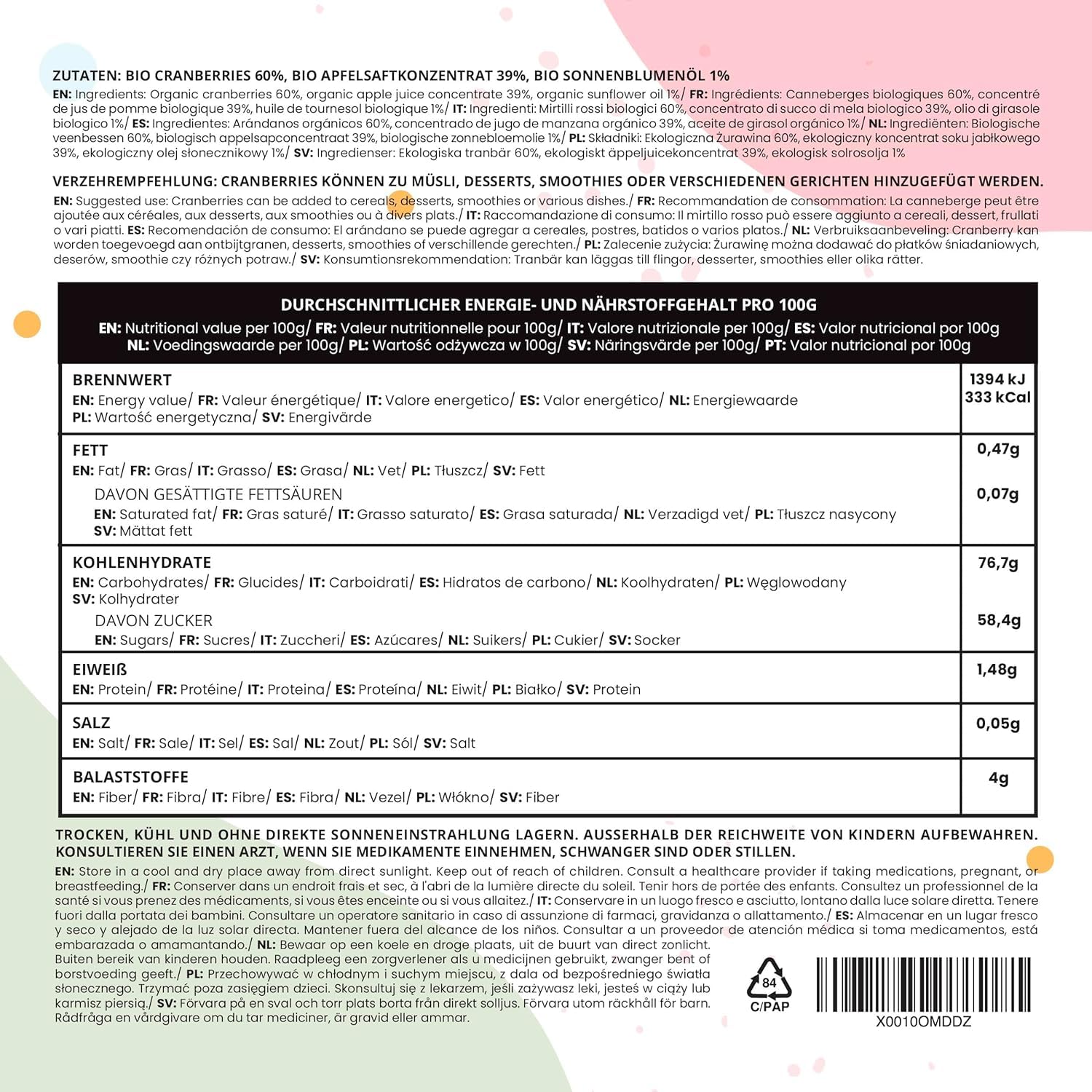 IDDA Herbal Ekologiczna Suszona Żurawina 250g, Całe Owoce Żurawiny, Słodzone Sokiem Owocowym