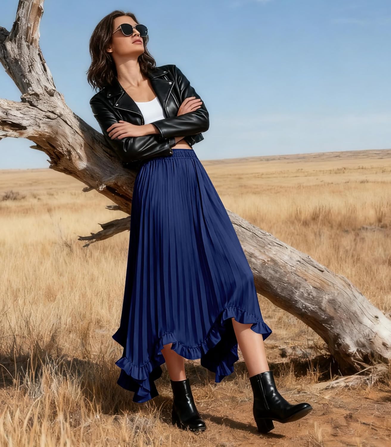 Satin Midi Skirt for Women Pleated Elastic Waist Relaxed Fit A-Line Slip Skirt with Ruffle Hem - Image 5