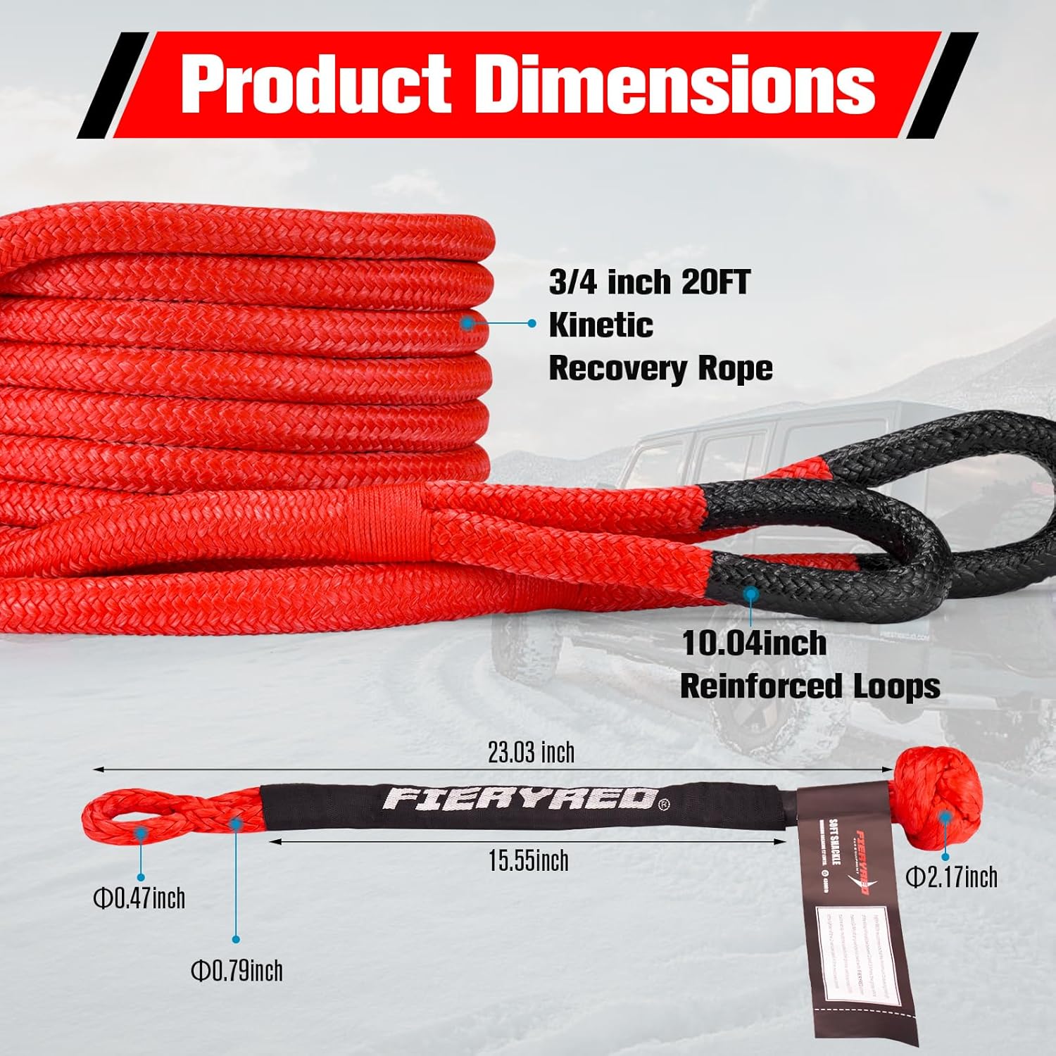 FieryRed 3/4” x 20FT Kinetic Recovery Rope Kit with 2 Soft Shackles, 26500LBS MBS Heavy Duty Tow Rope Snatch Strap Offroad for SUV, Truck, Car and Tractor