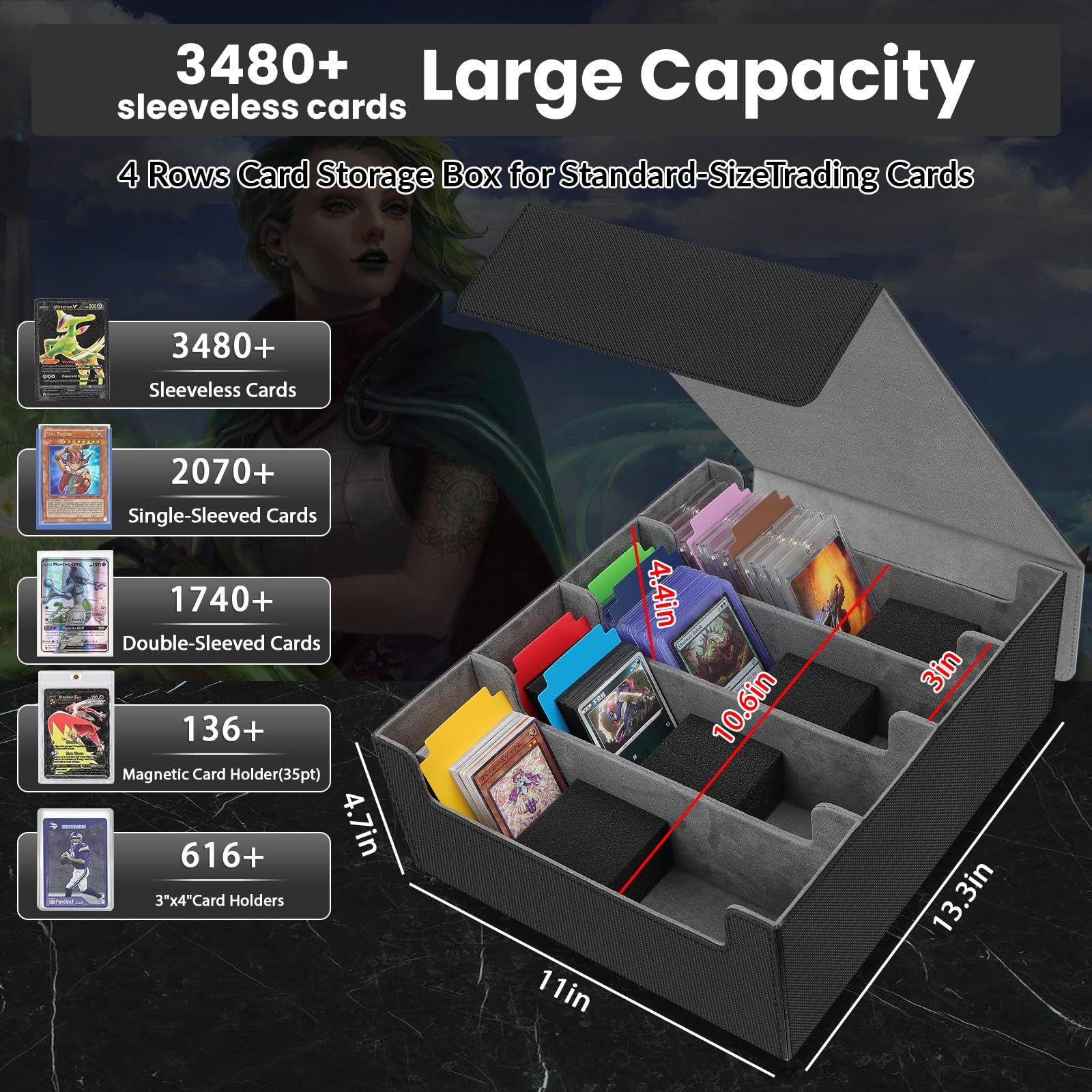 AOBOPLE 3400+ Trading Card Storage Box,Storage Box for Top Loaders Hold 616+,PU Magnetic Card Box with 16 Dividers&4 Supporters for MTG/TCG Sport Cards