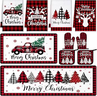 10 Pcs Christmas Checkered Kitchen Dish Towels Rugs Oven Mitts and Pot H...