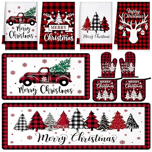 Fourluoo 10 Pcs Christmas Checkered Kitchen Dish Towels Rugs Oven