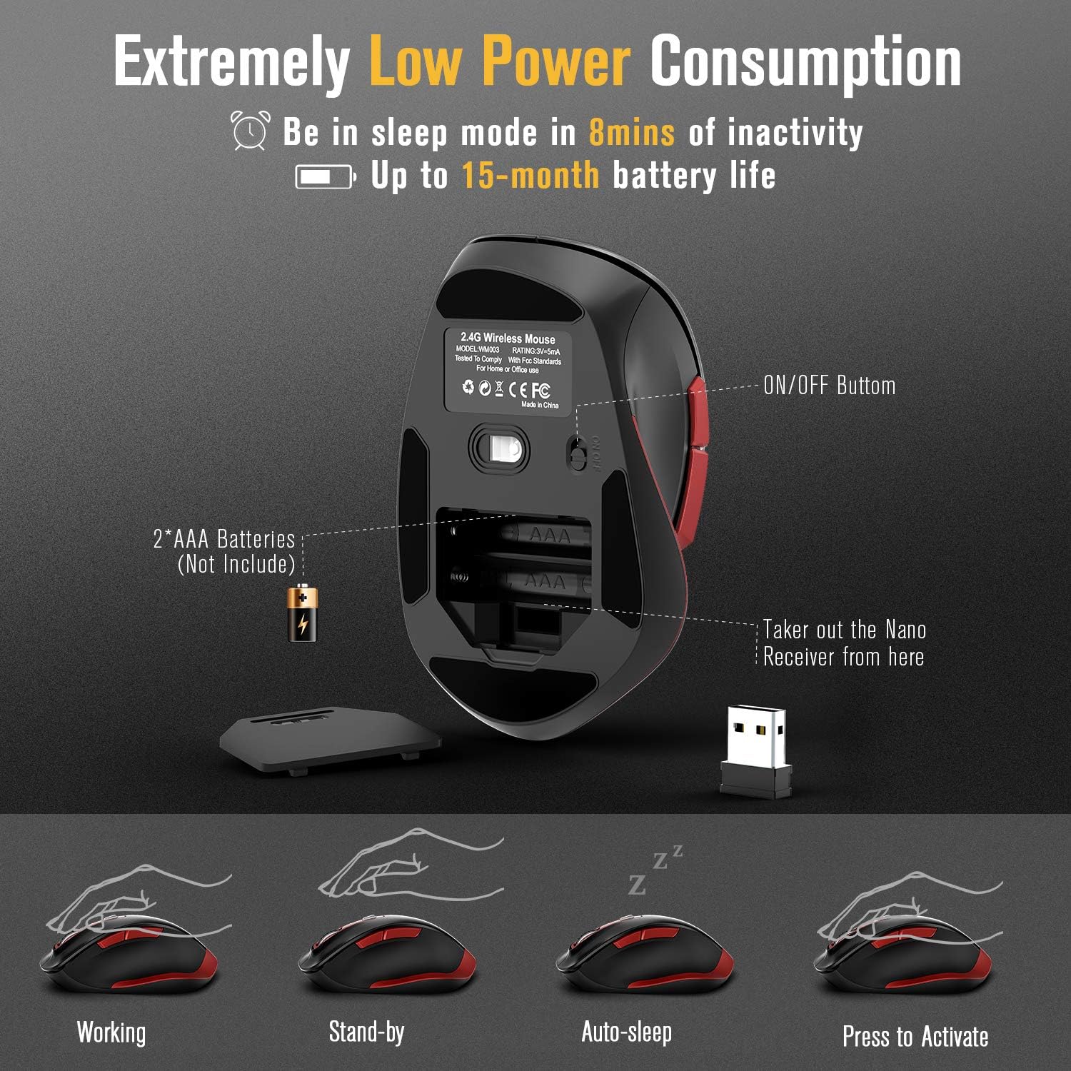 Wireless Mouse, TedGem 2.4G USB Mouse Computer Optical Mouse Full Size Ergonomic Mouse with USB Receiver 6 Buttons Laptop Mouse 5-Level DPI Adjustable Portable Mice for Laptop,PC,Windows,MacOs (Red)
