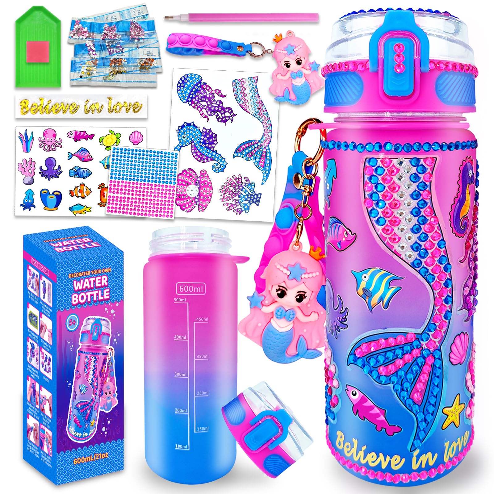 EDSPORTSHOUSE Decorate Your Own Water Bottle Kits for Girls Age 4-6-8-10,Mermaid Painting Crafts,Fun Arts and Crafts Gifts Toys for Girls Birthday Christmas(Mermaid)