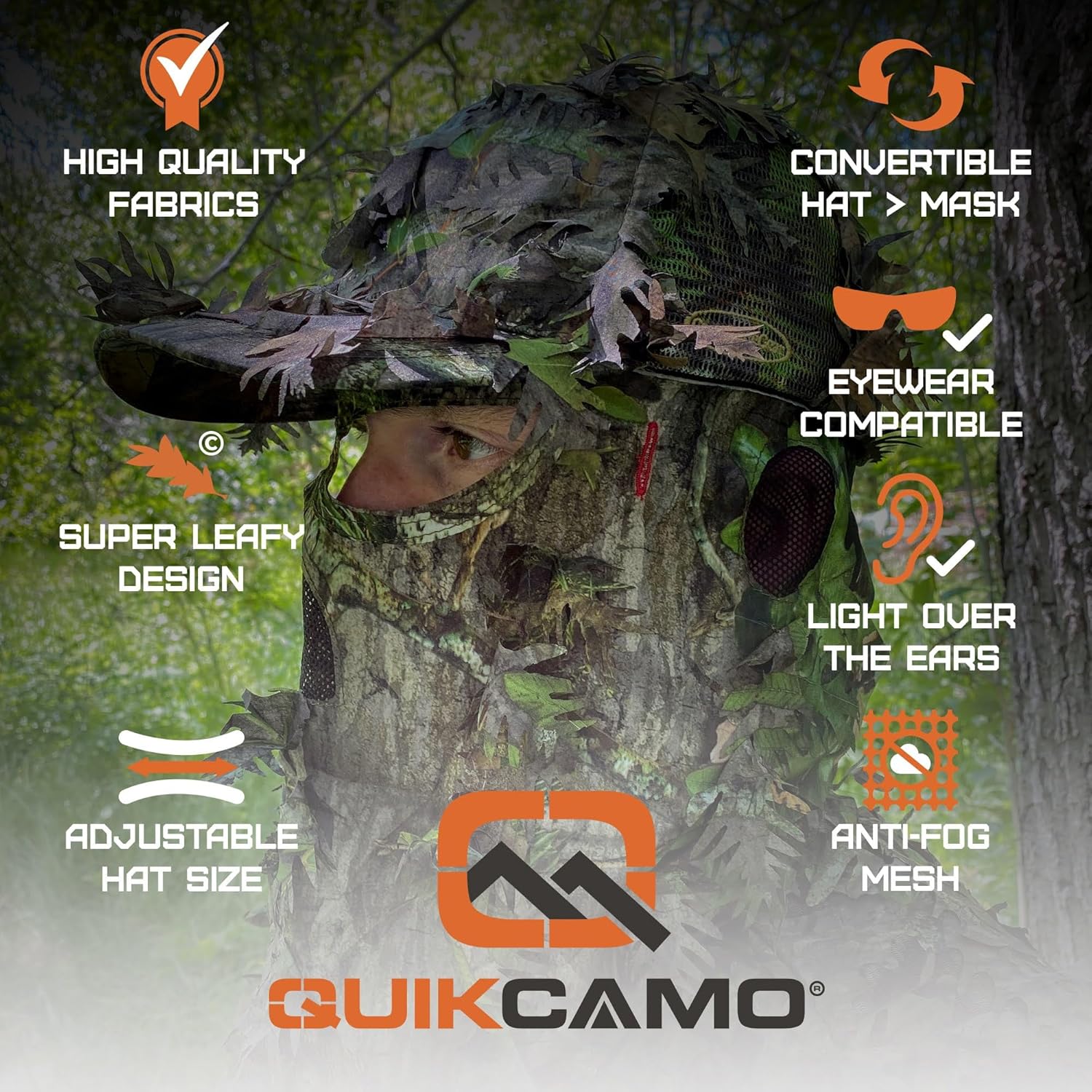 QuikCamo Lightweight 3D Leafy Camo Face Mask & Hat for Hunting, OSFM Adjustable Camouflage Hat, Mossy Oak & Realtree - Image 6