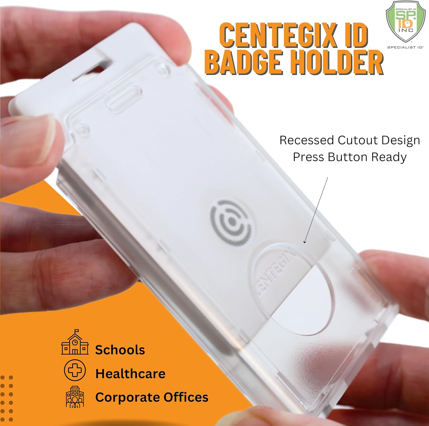 Bulk 20 Pack - Centegix Badge Holder with Hole for Teachers - Holds 1 School ID & 1 Centegix V2 CrisisAlert Alarm Badge - Heavy Duty Polycarbonate Clear Vertical Display, Recessed Hole - Specialist ID