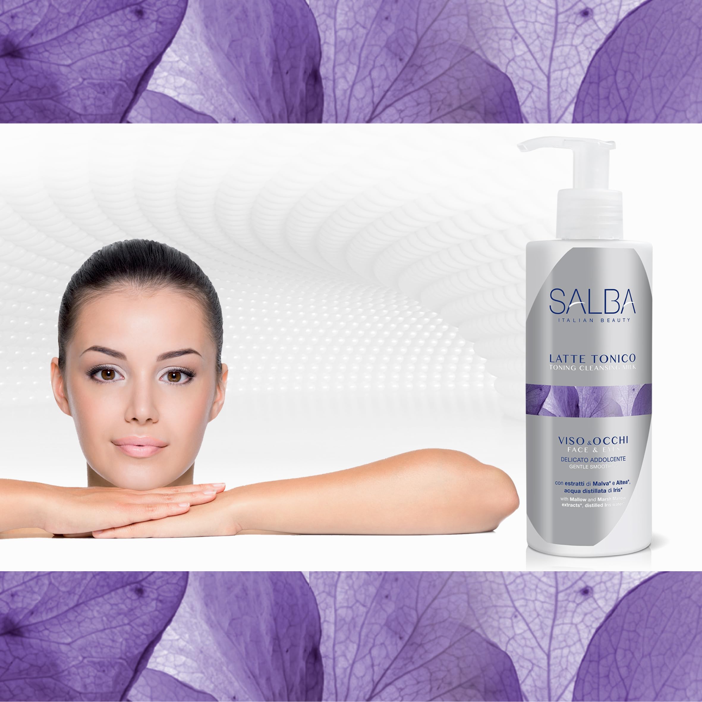SALBA Latte Tonico Viso & Occhi Detergente Struccante Delicato Addolcente, Texture Soffice e Cremosa, con Estratti di Malva e Altea, Acqua Distillata di Iris, per Tutti i Tipi di Pelle, 200 ml