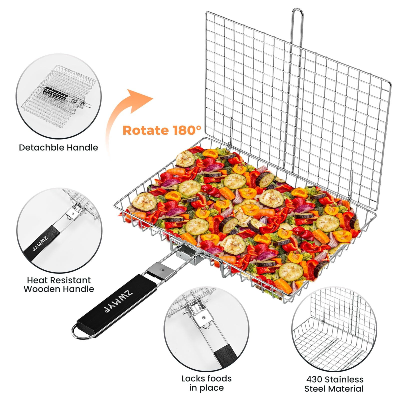 Panier de barbecue en acier inoxydable pliable et portable avec poignée amovible - Grille de cuisson anti-adhésif pour camping