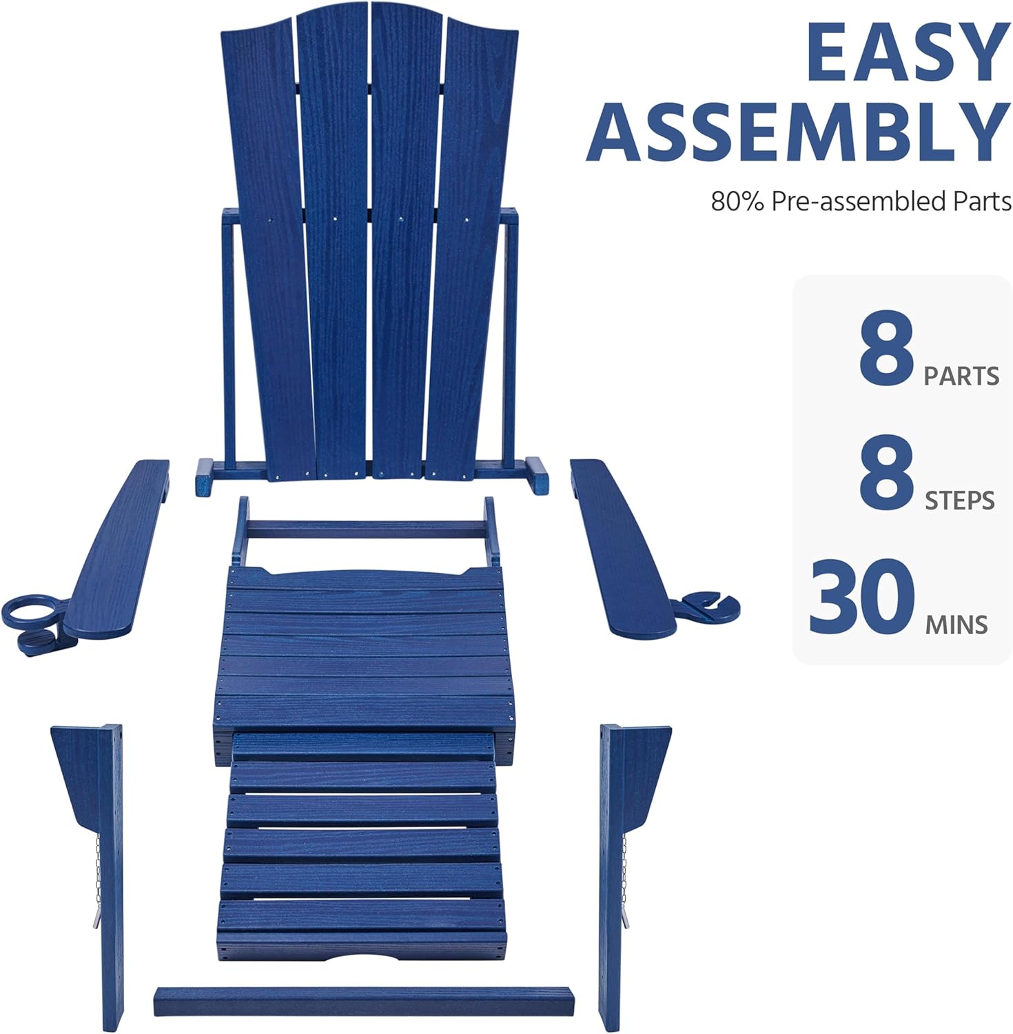 Diagram showing 8 parts, 8 steps, and 30 minutes for easy assembly of the Adirondack chair.