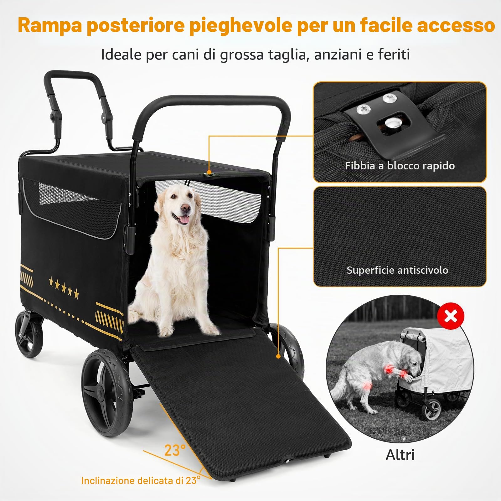 Passeggino per Cani Robusto con Rampa Pieghevole per Accesso Facile, Ideale per Cani Anziani o Infortunati, Passeggino per Animali con 2 Manici Regolabili, Fino a 80 kg