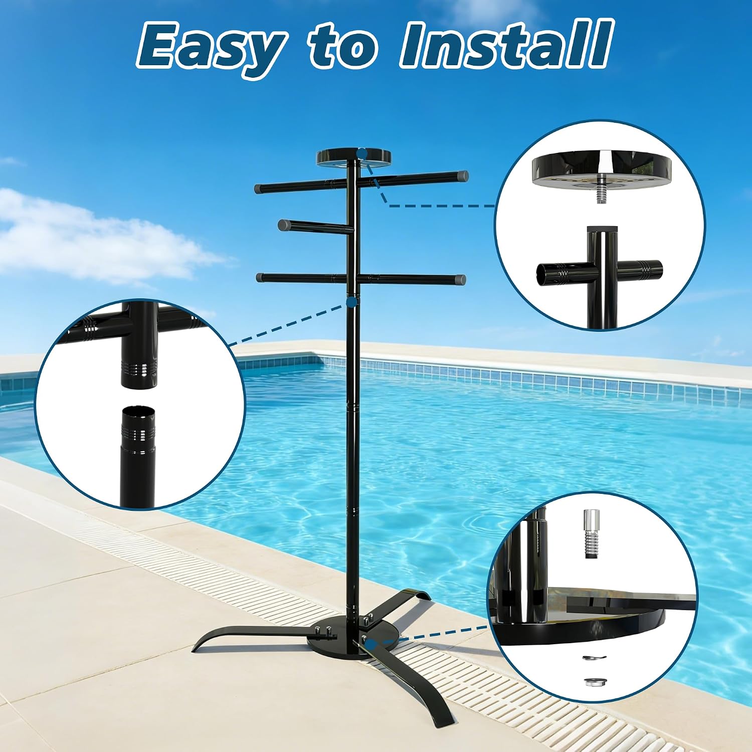 Pool Towel Rack Outdoor with Storage Tray, 61.6" Free Standing Hot Tub Towel Rack, Heavy Duty Pool Towel Holder for Towels, Swimsuits & Goggles, Pool Accessories for Backyard & Spa