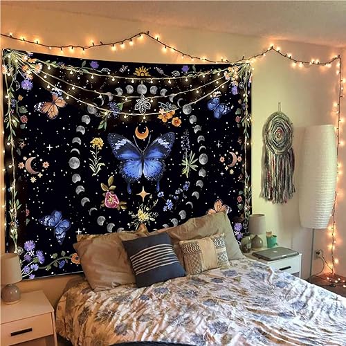 Miniatura 2 de LANG XUAN Tapiz de plantas de diente de león y mariposas para colgar en la pared, tapiz floral de flores silvestres, tabla de referencia, paisaje