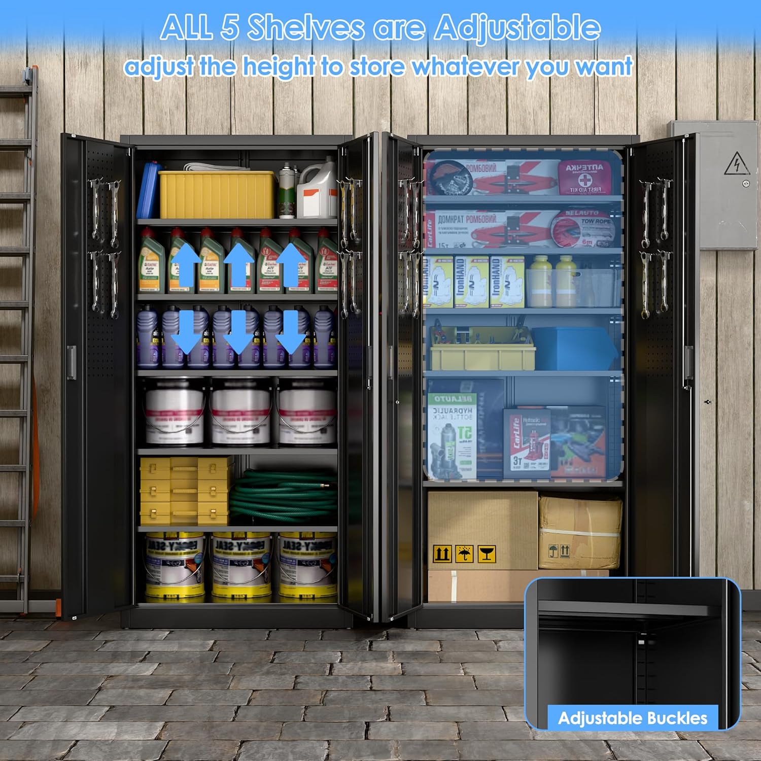 71" H Metal Garage Cabinet with Pegboards and Hooks,Tool Storage Cabinet with 2 Doors and 5 Adjustable Shelves for Office, Home, Garage, Gym, School, Assembly Required,Black