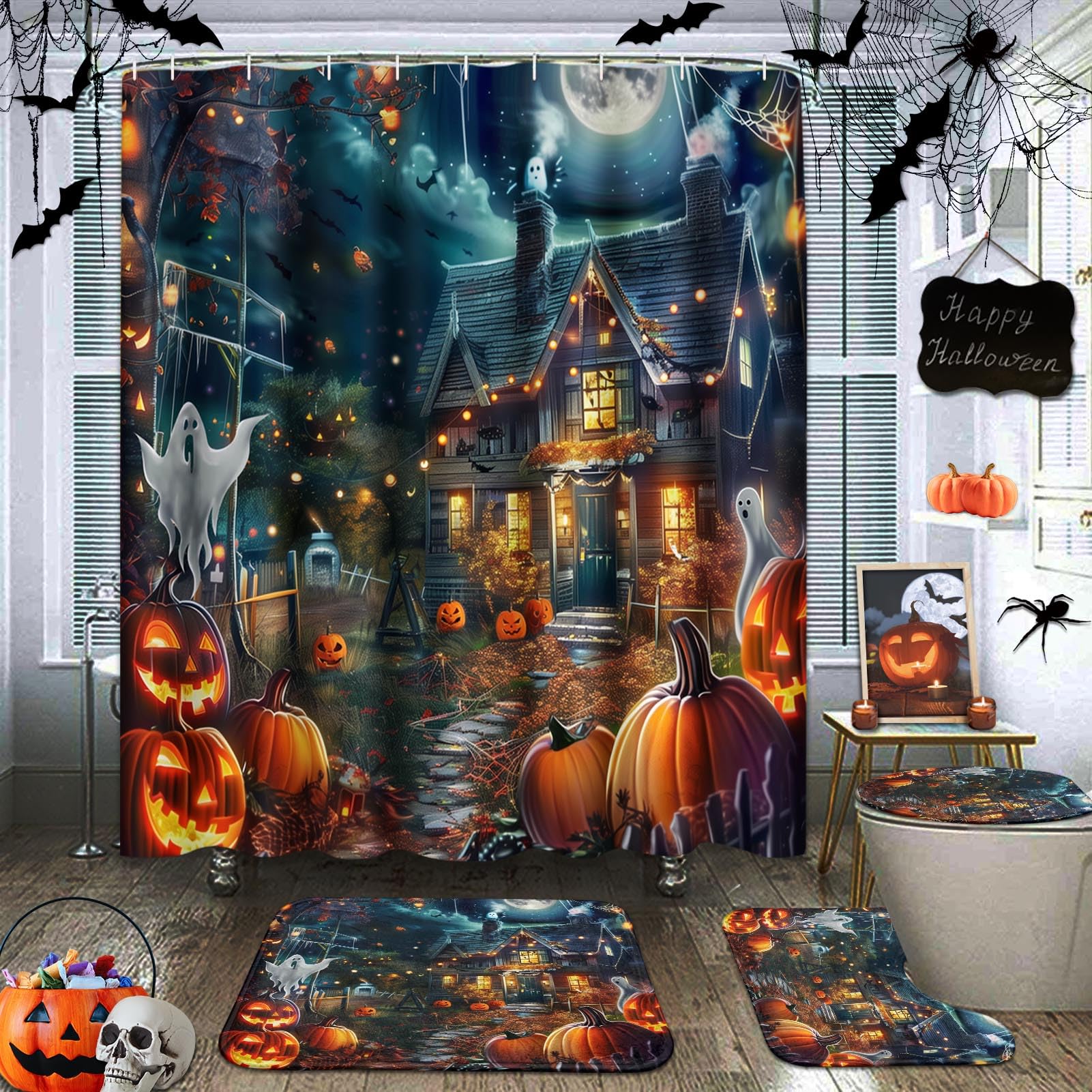 Cortinas de baño de calabaza con estampado naranja de fantasma y feliz Halloween