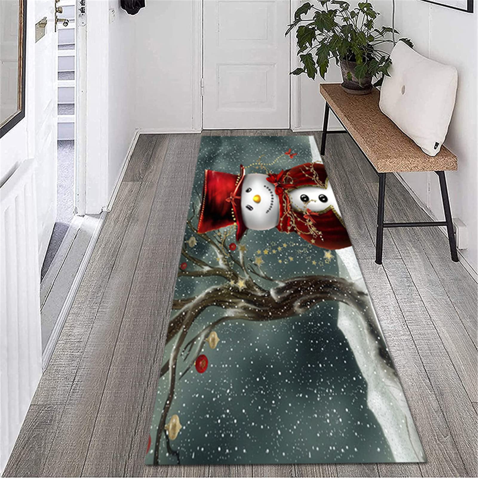 Alfombra Navidad, Lavable Felpudo Navideño De Poliéster Suave Alfombra De Cocina, Alfombrillas Antideslizantes con Patrón De Muñeco De Nieve Navideño, Decoración Navideña,10,60x180cm/23.6"x70.8"