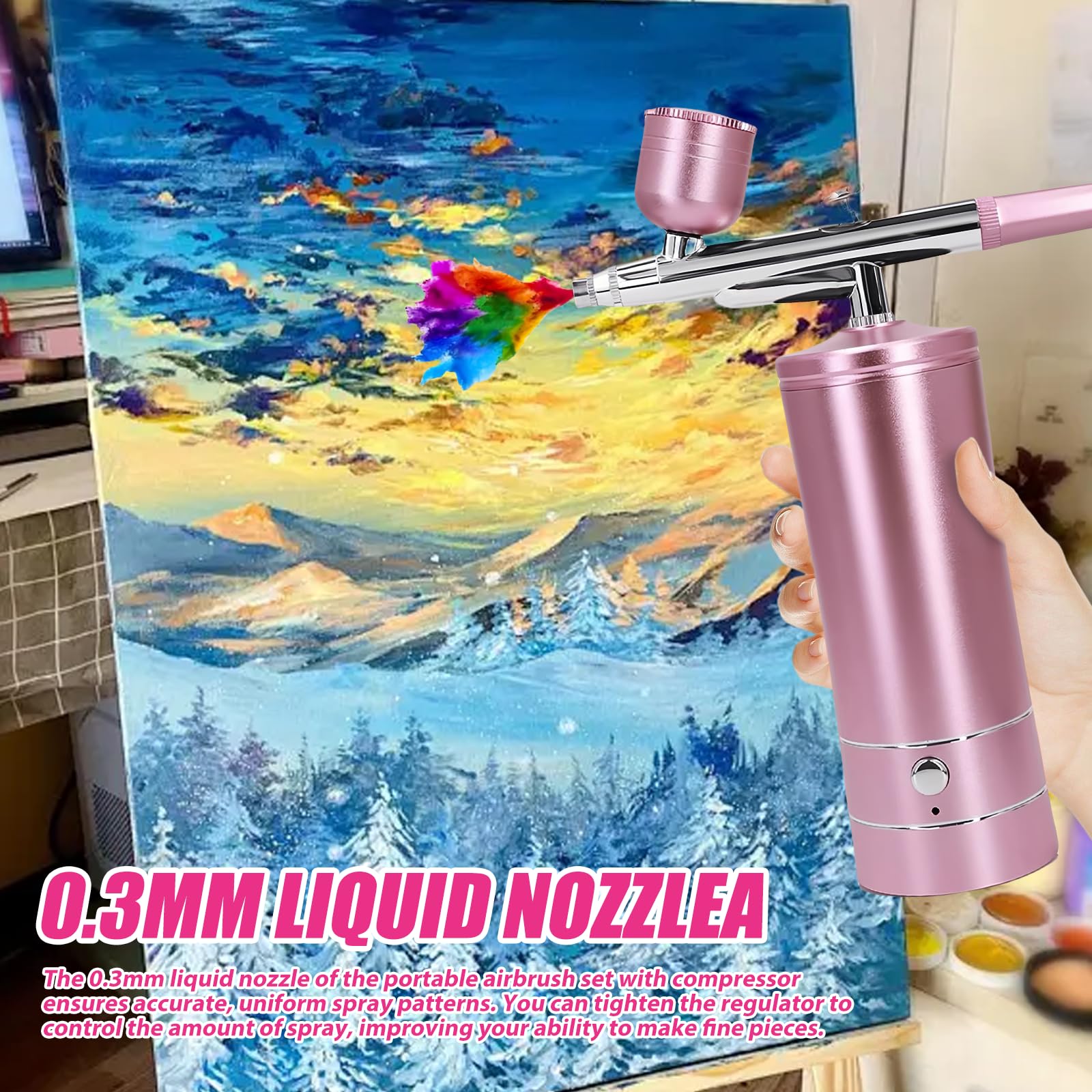 Kit de Aerógrafo con Compresor: Juego de Aerógrafo de Alta Presión Portátil, Aerógrafo Inalámbrico Recargable para Hidratación de la Piel, Arte de Uñas, Tatuaje, Pintura, Maquillaje (Rosa)