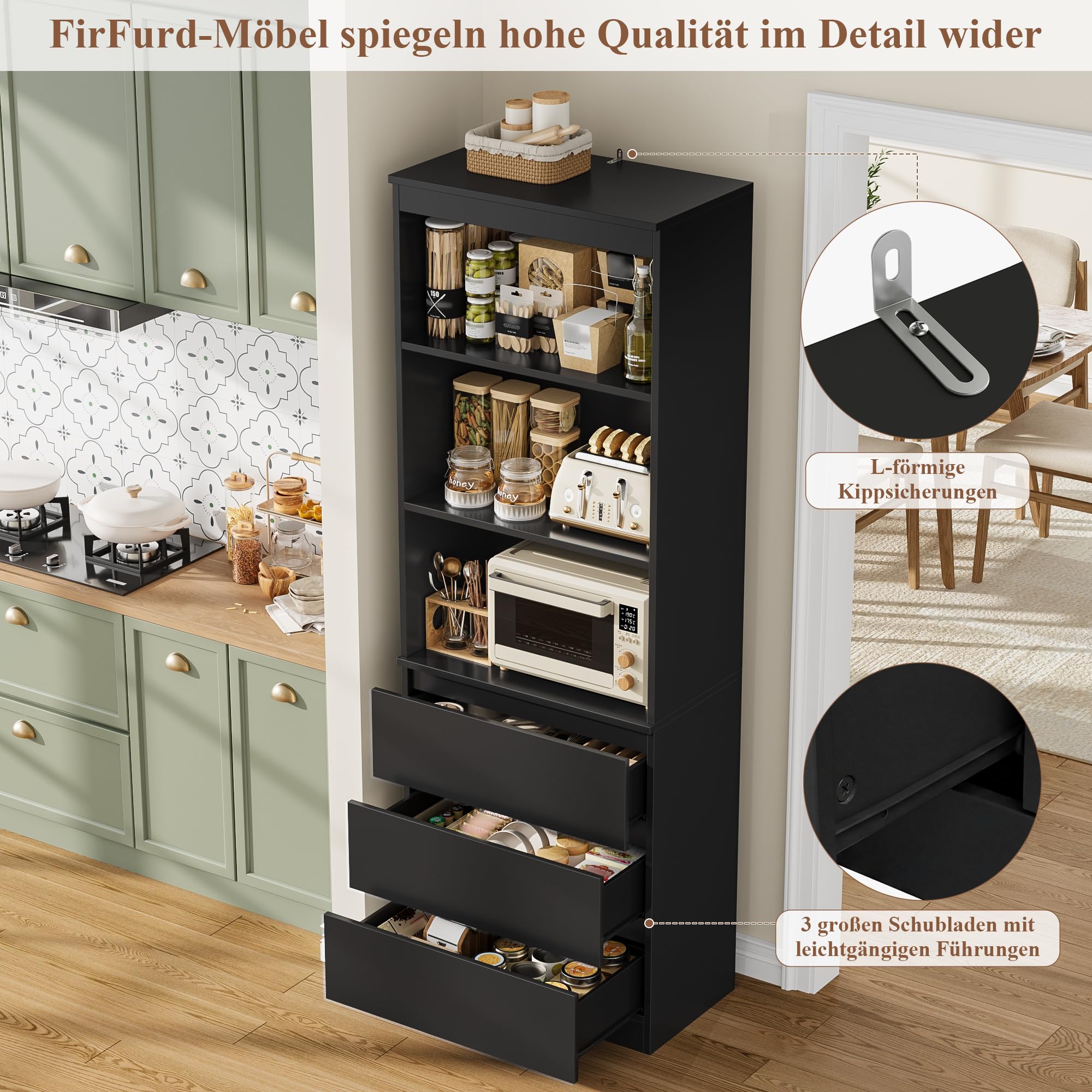 FirFurd Bücherregal mit 3 Schubladen 3 Fächern 180 cm Bücherschrank Vitrinenschrank Büroschrank Hochschrank Mehrzweckschrank für Wohnzimmer Büro Küche 60 x 35 x 180 cm Schwarz
