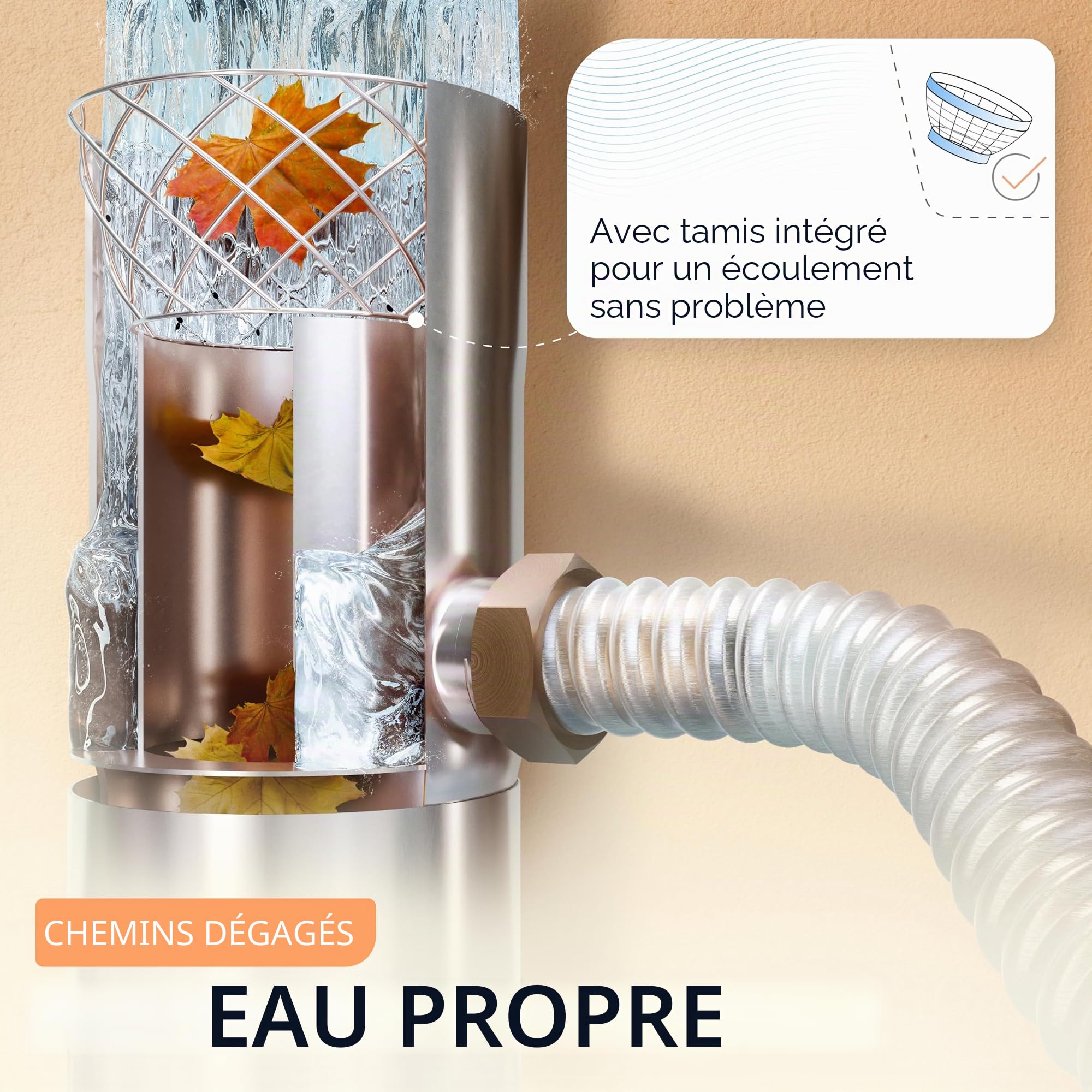 Collecteur d'eau de pluie avec tamis pour tuyaux de descente de 80 mm | Rendement augmenté | Acier inoxydable | Tuyau long de 0,5 m + raccord de tonneau | Collecteur de pluie pour tuyau de descente |