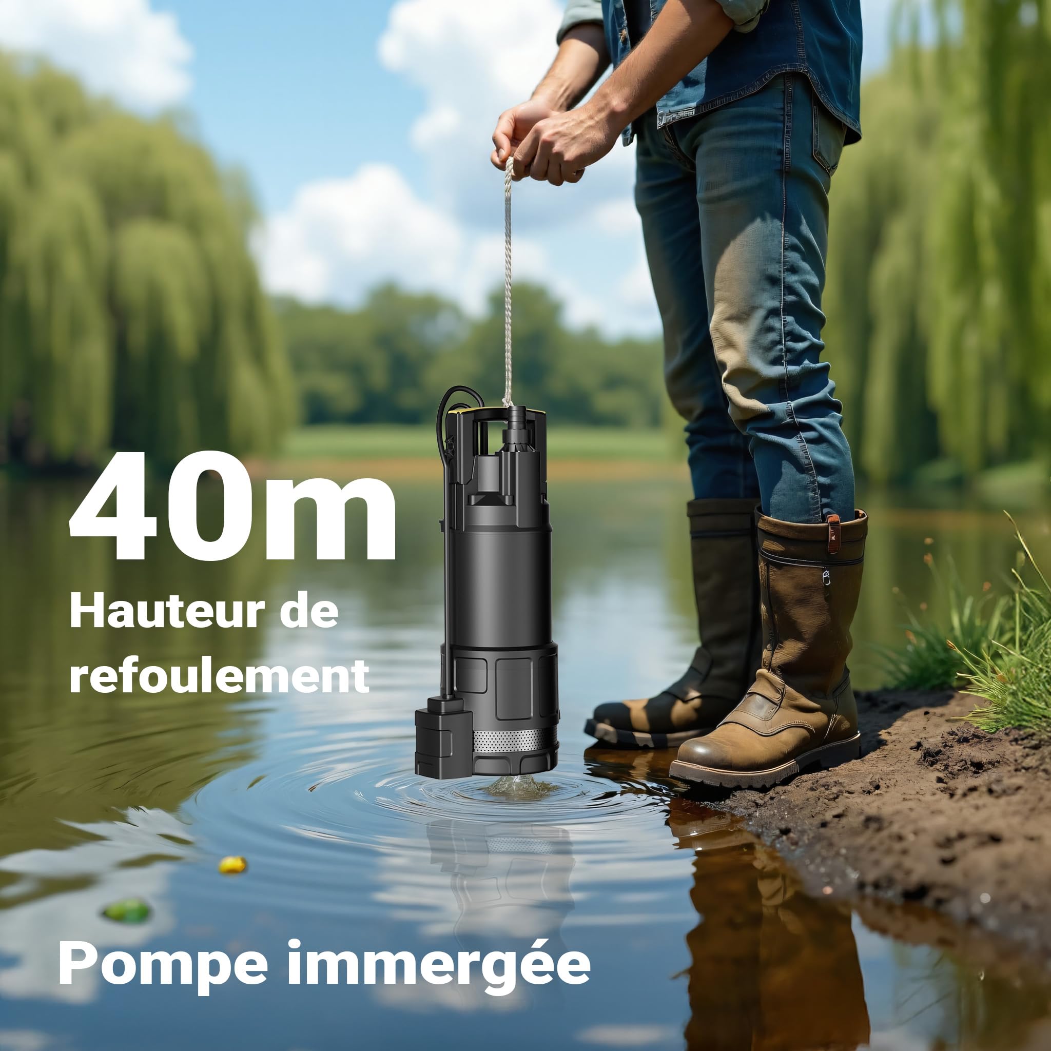 Wiltec Pompe à eau immergée 1200 W – 6000 l/h – Refoulement max. 40 m, profondeur max. 7 m – Détecteur anti-marche à sec, Interrupteur à flotteur, Thermorégulateur – Pompe submersible