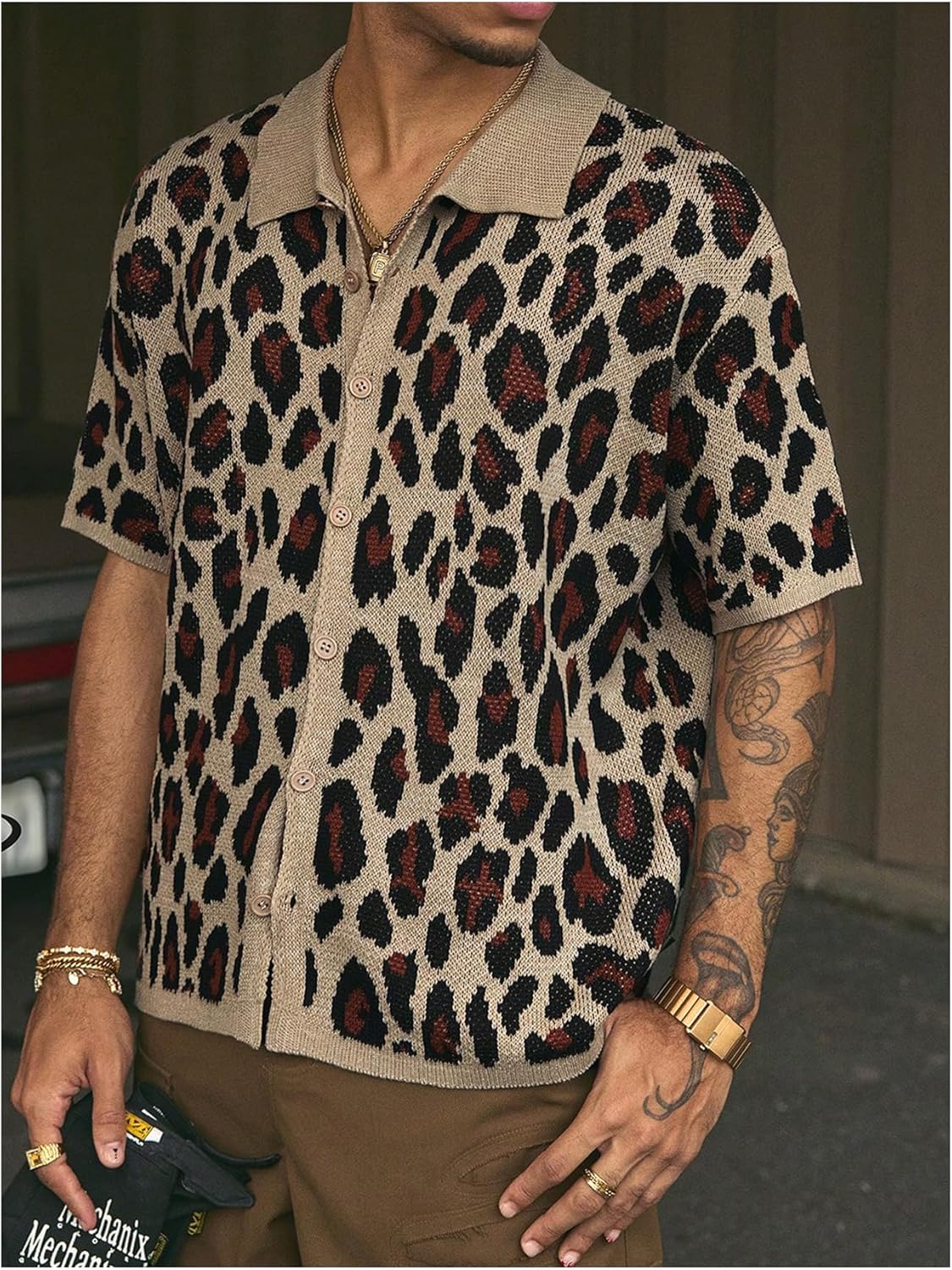 Men's Leopard Sweater Y2k Cheetah Button Down Shirt Streetwear Short Sleeve Knit Crop Tops Cardigan - Image 4