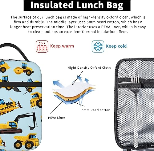 Miniatura 5 de VIELEGELD Bolsa de almuerzo con diseño de camiones, reutilizable, aislada, de gran capacidad, para niños, mujeres, hombres, bolsa refrigeradora,