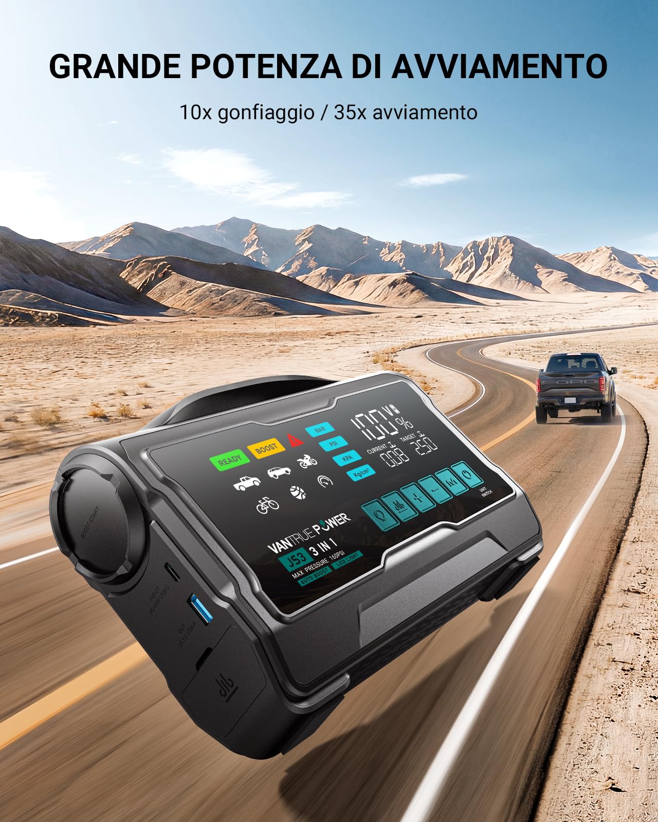 JS3 3250A Avviatore con Compressore d'Aria 160 PSI, Booster per Batteria Auto 12V con Display da 9", Power Bank con Ricarica Rapida 65W, Luce LED 400 Lumen – per Motori Benzina 10 L/Diesel 8 L