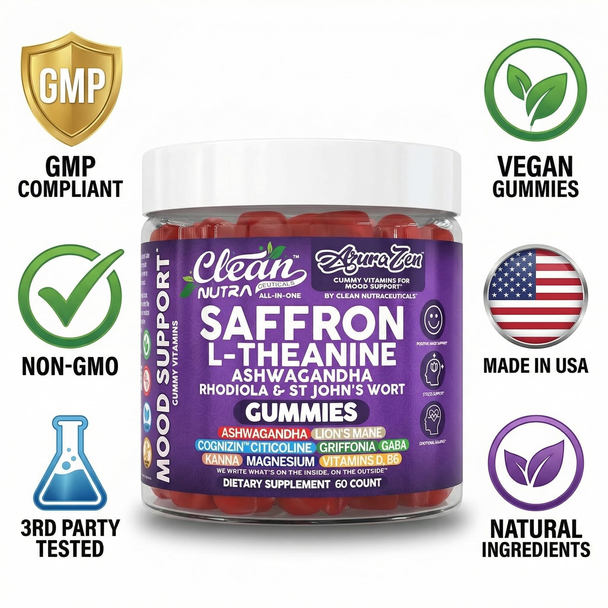 AuraZen Mood Support Saffron Gummies L-Theanine Ashwagandha Rhodiola St John's Wort Lions Mane GABA Vitamin D Magnesium Supplement | Calm Vegan Plant-Based Herbal Gummy By Clean Nutra — Amazon image 8