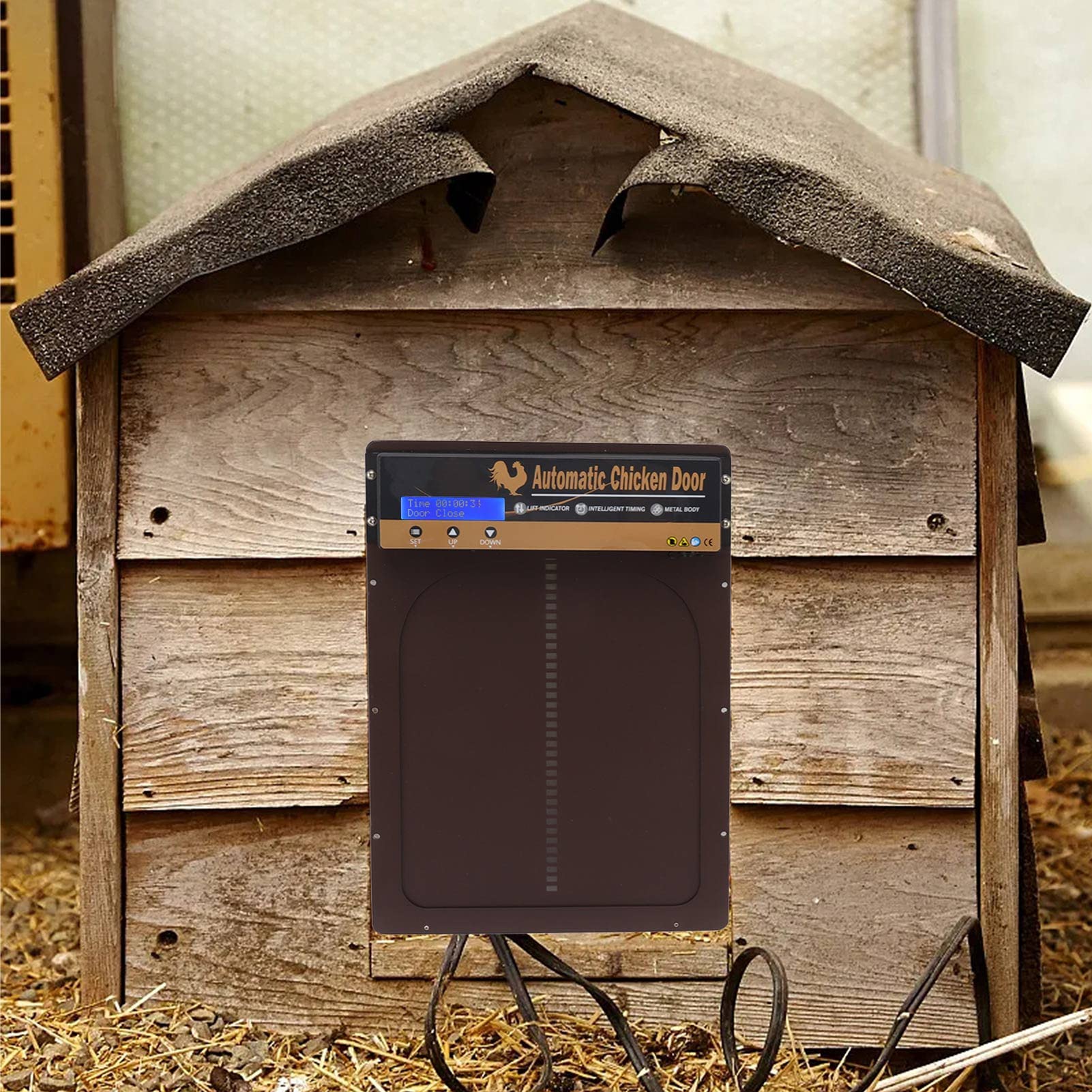 Porta Automatica per pollaio con Timer, Lega di Alluminio, LED, Display HD, Porta Automatica per polli alimentata a Batteria, per Fattoria (Marrone)