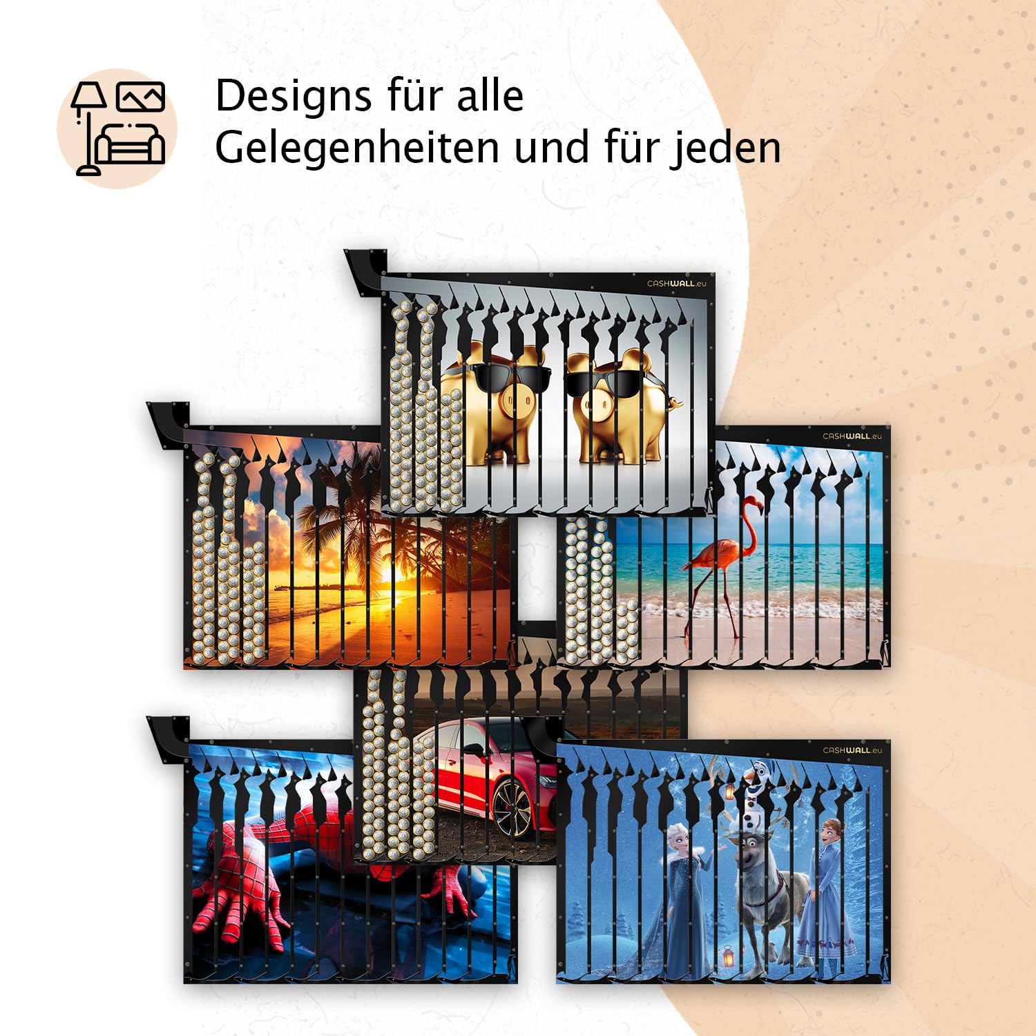 Cashwall - Wandspardose für ganze Jahr - 730 € Spare - 2 Euro - Geld Sparen Challenge | Spardose Nicht zum öffnen - Auszahlung bei vollständiger Füllung | Zum Aufhängen - Für Erwachsene und Kinder