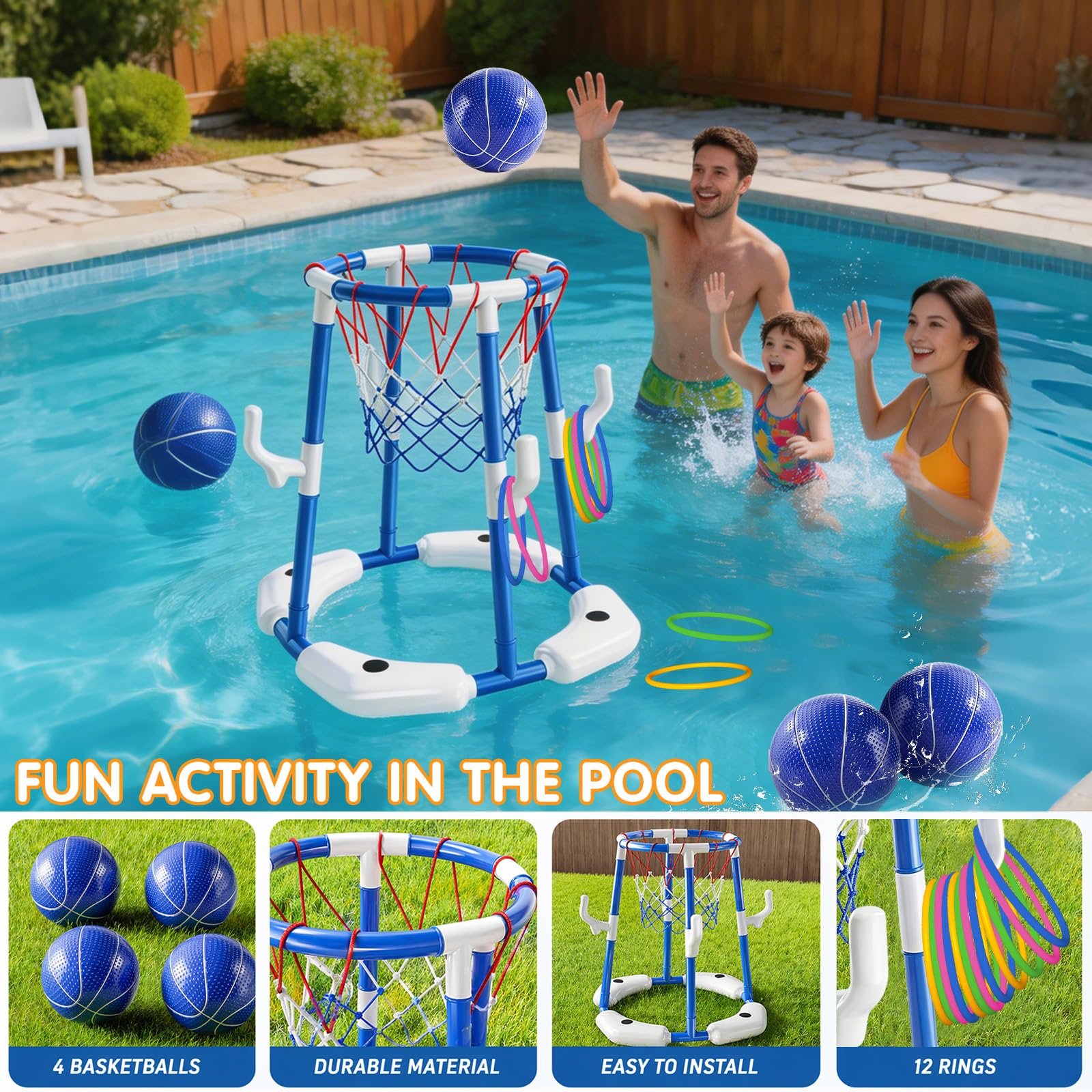 Pool Basketballkorb für Kinder, 2-in-1 Schwimmendes & Oberirdisches Wasserspiel mit 4 Bällen, 12 Ringen & Pumpe, Blau