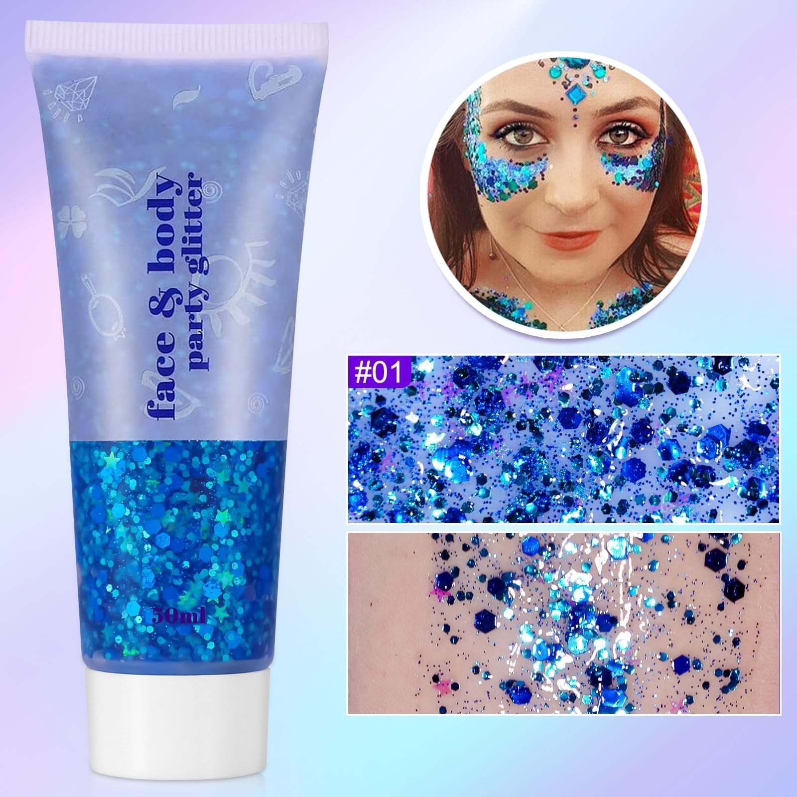 Sularpek Brokat do twarzy, 50 ml, brokatowy żel do włosów, cekiny, błyszczący płynny cień do powiek, syrenka, cekiny, festiwal, brokat, do twarzy, ciała, oczu, włosów, festiwalu, na imprezę, do