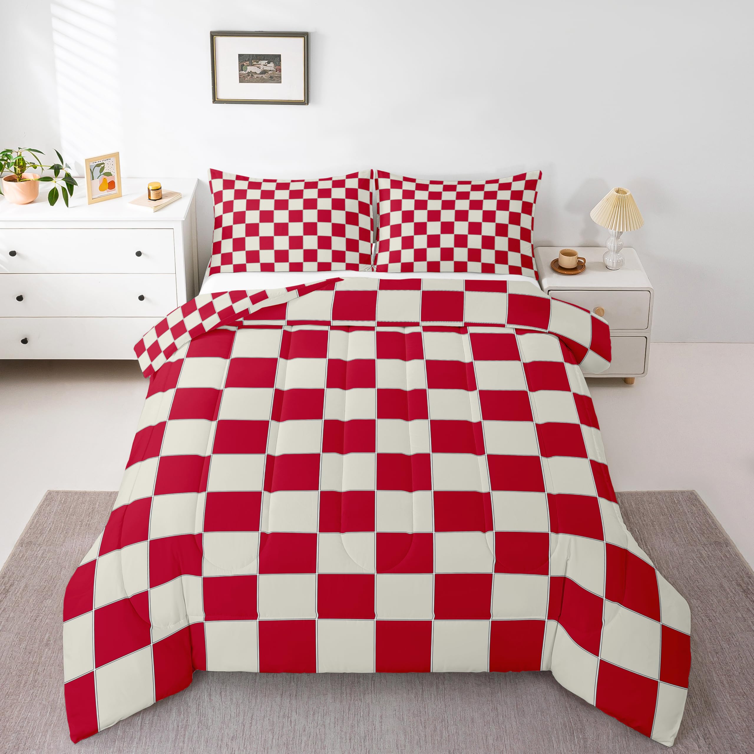 Erosebridal Plaid Comforter Set Queen Beige Red Checkerboard Quilt Set Geometric Checkered Bedding Set for Kids Boys Girls, Aesthetic Grid Duvet Set Modern Room Decor 3 Pcs