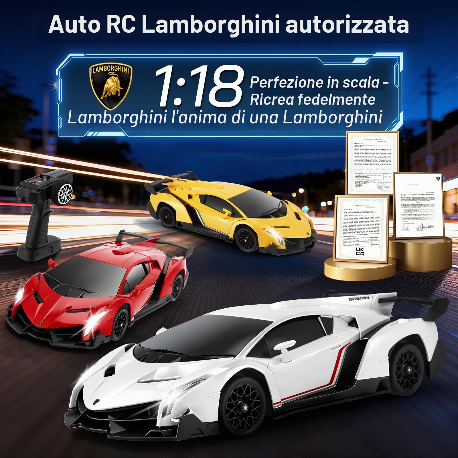 Lamborghini RC Drift Car 1:18 4WD - Auto da corsa ad alta velocità da 35 km/h con luci a LED - Giocattolo da drift telecomandato completamente proporzionale, regalo per bambini, bianco