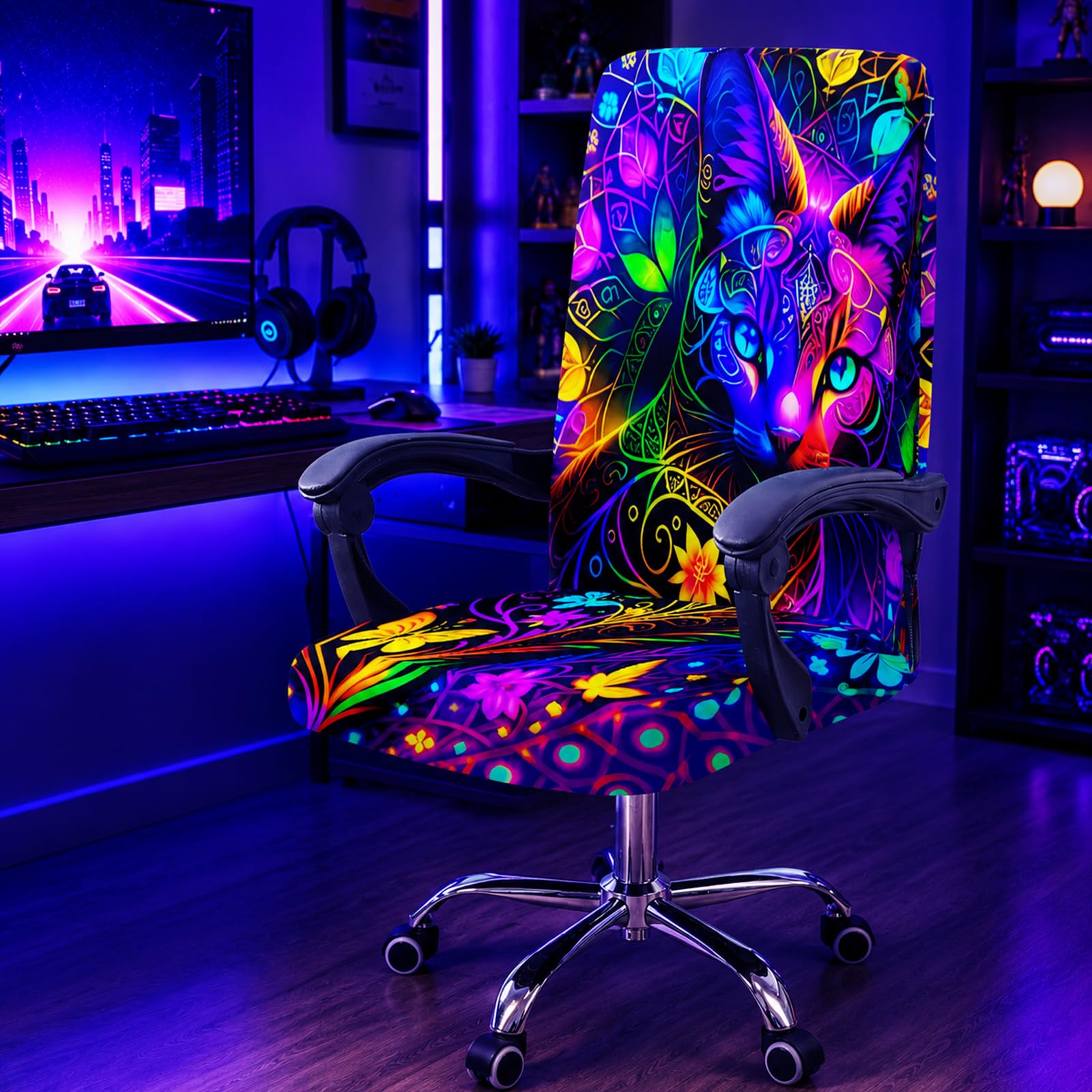 SparkLia Blacklight Cat Office Chair Cover, UV Reactive Stretch Slipcover