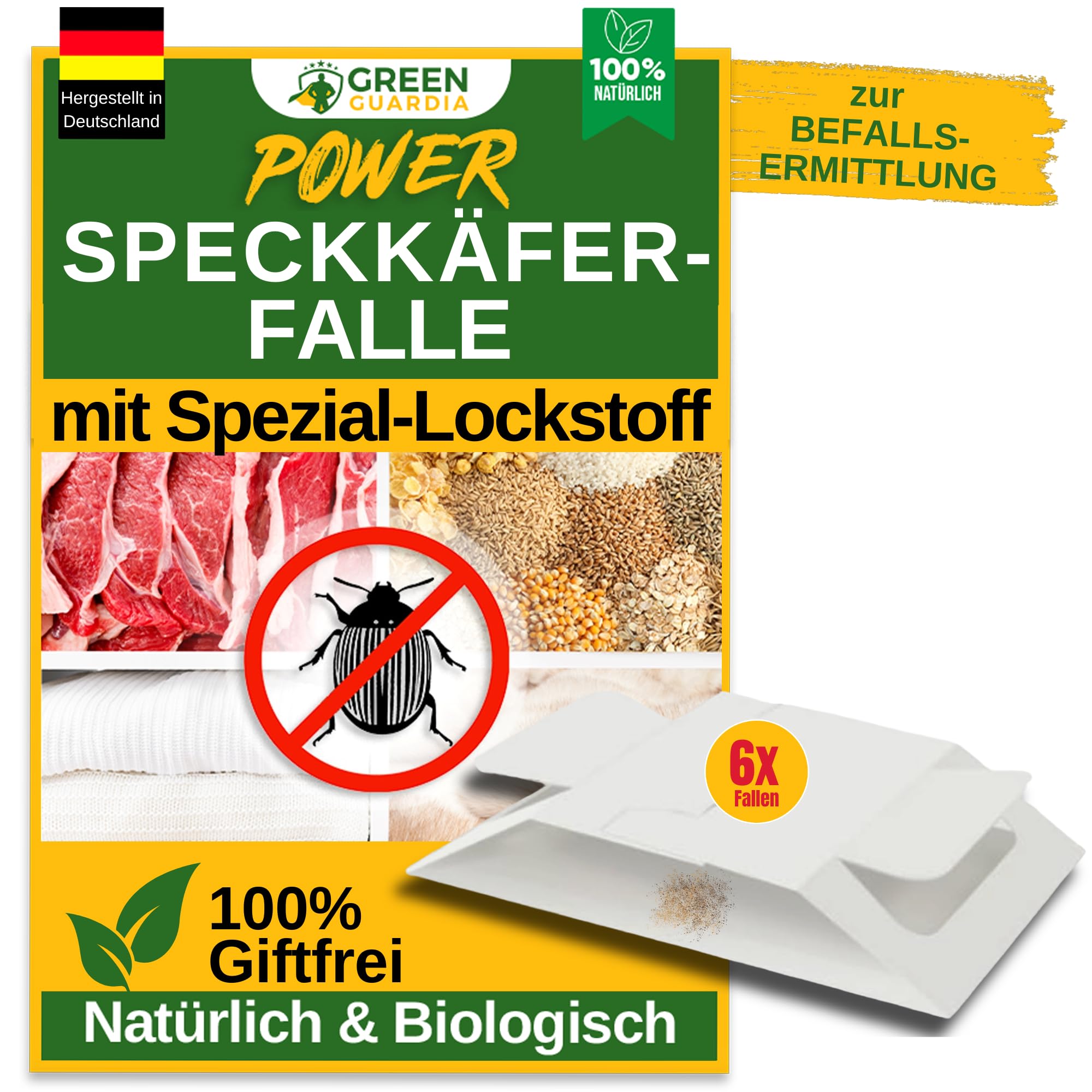 GREEN GUARDIA Speckkäfer Falle mit Spezial-Lockstoff - 6X Speckkäfer Fallen - umweltfreundlich Speckkäfer bekämpfen, Chemiefreie Falle mit starker Klebefläche, giftfrei & geruchsneutral
