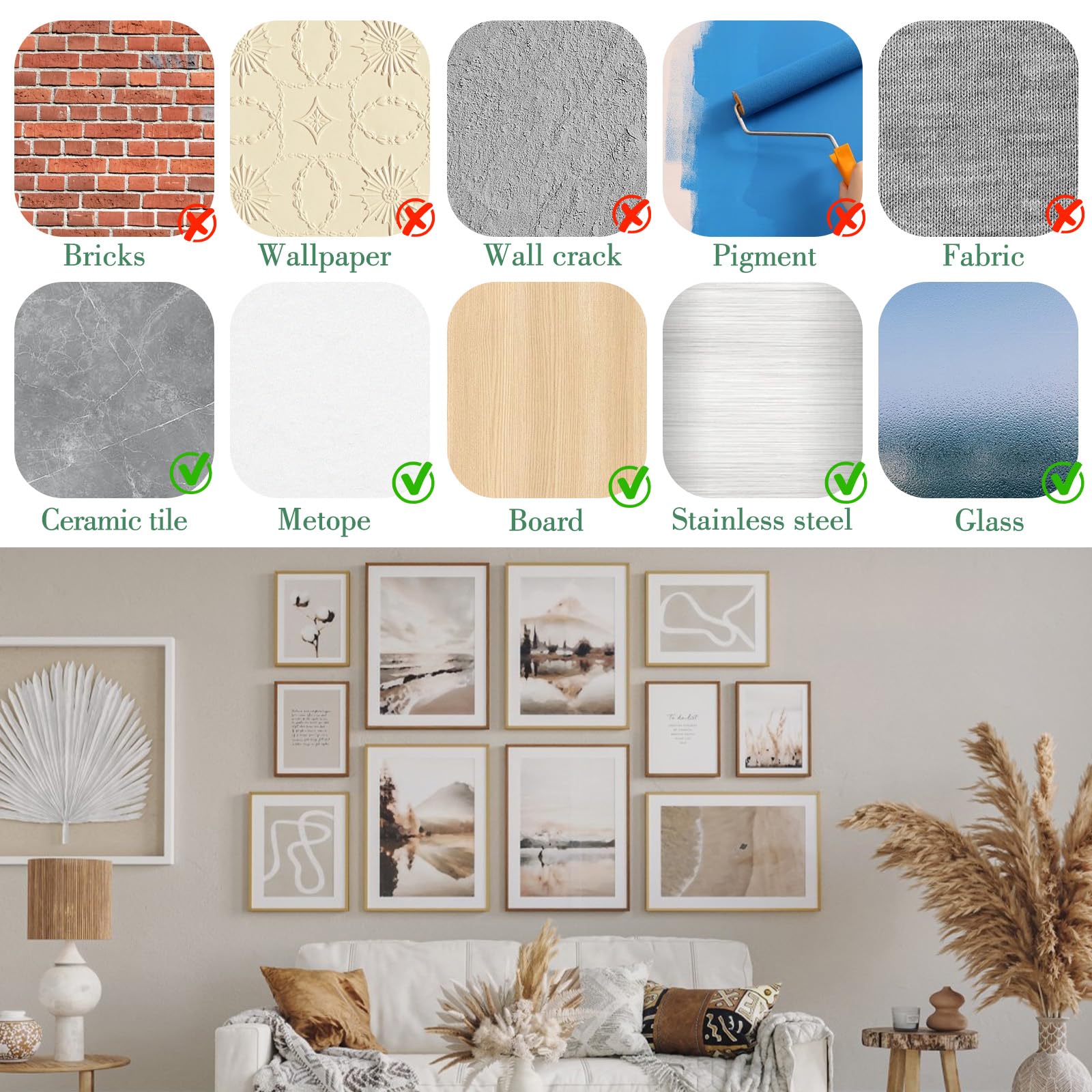 Appendi Quadri Senza Chiodi, 36 Paia(72 Pezzi) Chiodi Adesivi per Quadri Muro, 19 x 92mm Adesivi per Quadri da Appendere, Appendi Quadri Adesivi Adatto per Quadri Cornici Poster Foto Decorazioni