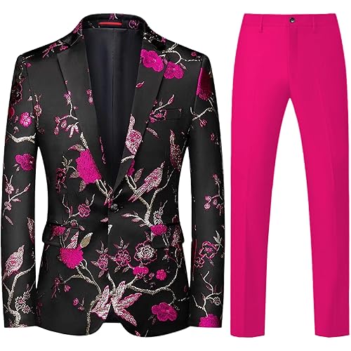 Mens 2 Piece Floral Dress Suit One Button Dinner Tuxedo Jacket & Pants Luxury Printed Wedding Blazer