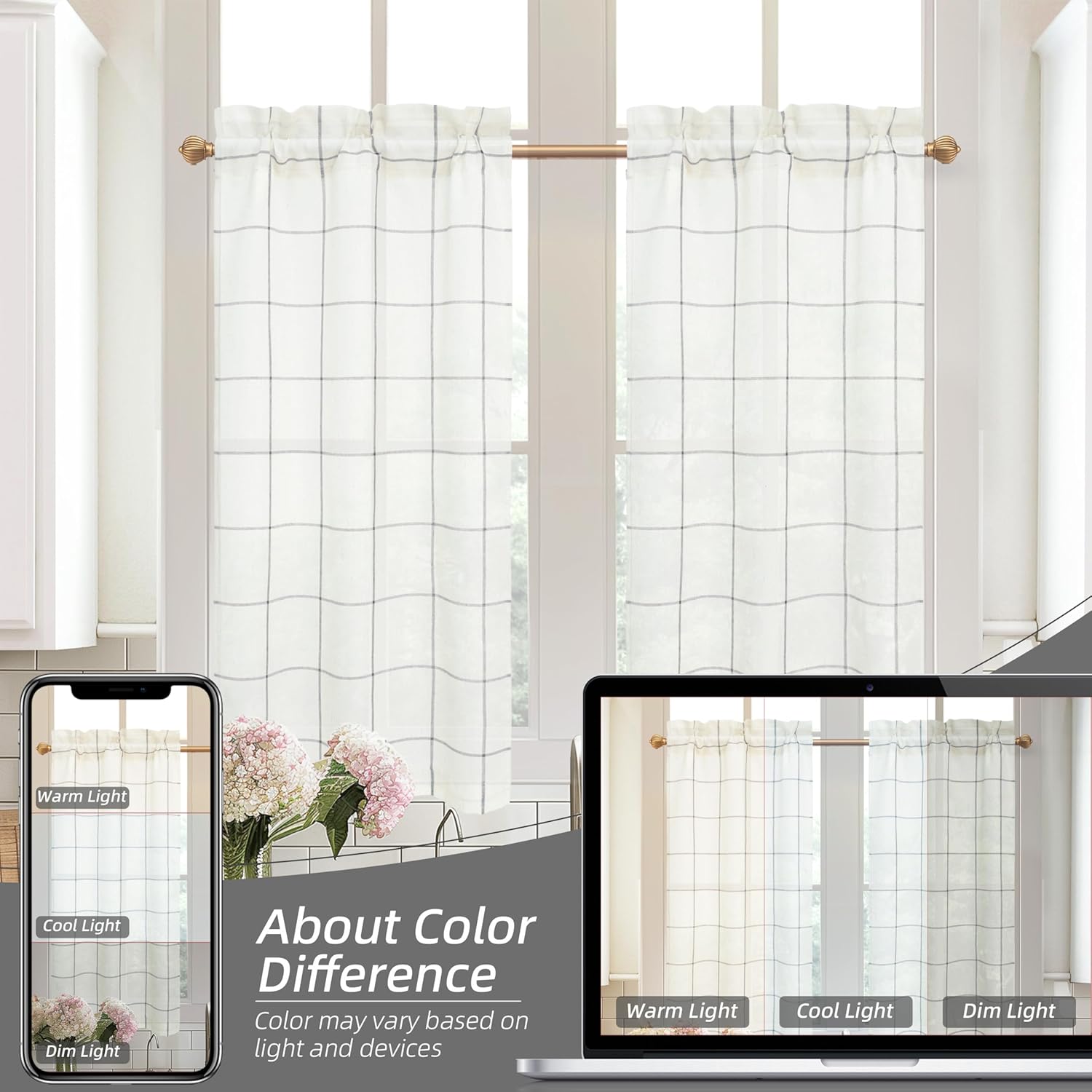 DriftAway Kitchen Curtains Striped Tier Linen Short Curtains Windowpane Plaid Cafe 45 Inch Length for Living Room Bathroom Chris Farmhouse Rustic Rod Pocket 2 Panels Gray