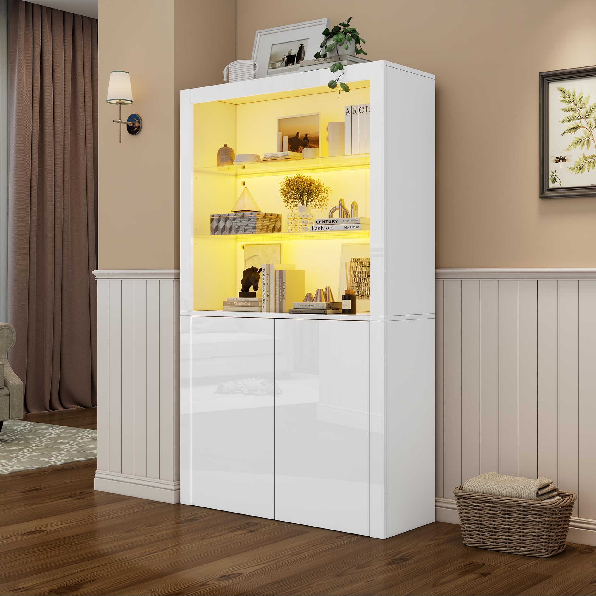 SUKY Armario de almacenamiento para sofá de 100 x 35 x 170 cm, armario de almacenamiento de alto brillo, armario de vitrina con luces LED, capa de pantalla de cristal templado, armario vertical alto