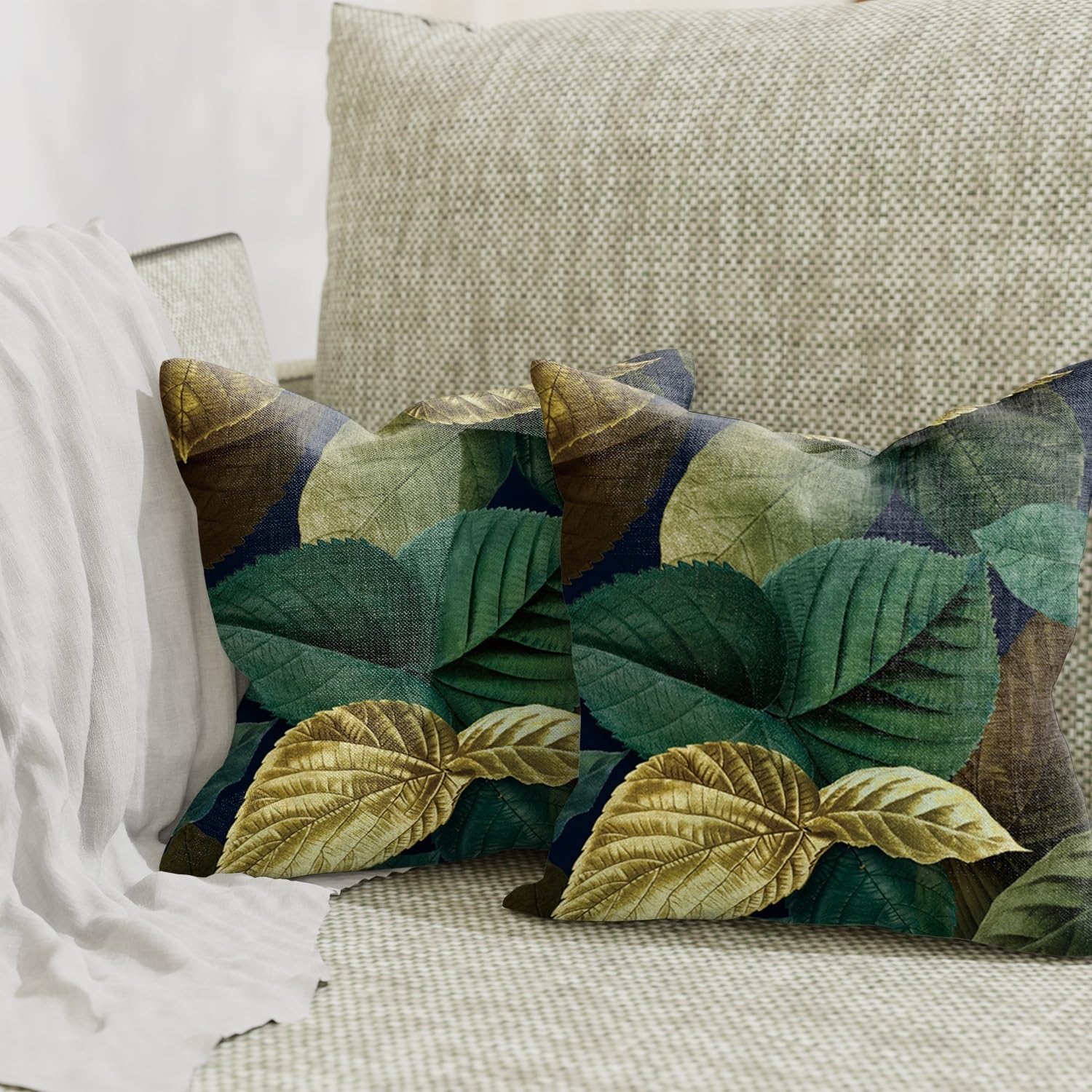 ggaimwf Set of 2 Cushion Cover Leaf Green Yellow Leaves Plant Theme Vintage Fine Linen Look Cushion Cover Throw Pillow Cases Square for Modern Living Room Bedroom Couch Outside Seat Office 45x45cm - Image 4