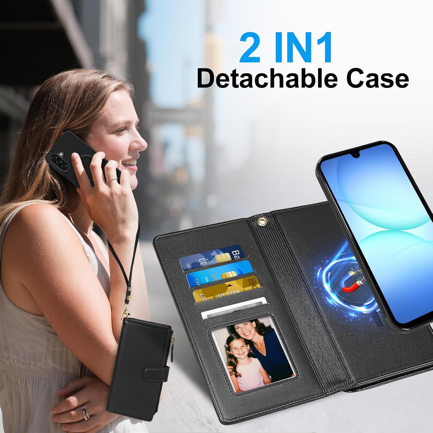 Harryshell 2 in 1 for Samsung Galaxy A17 / A26 Wallet Case Magnetic Compatible with Magsafe RFID Blocking Card Holder Detachable Phone Cover Zipper Purse Kickstand Wrist Strap for Men Women Black