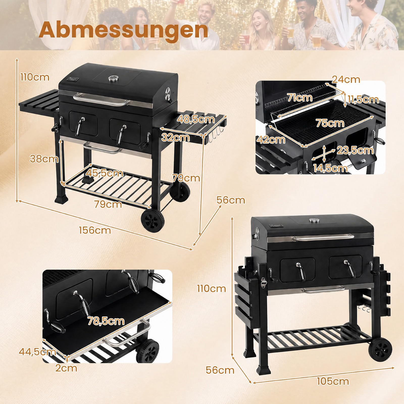 COSTWAY Grill na węgiel drzewny z pokrywką XXL, grill na kółkach