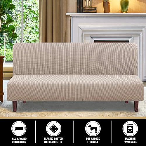 Miniatura 5 de PrinceDeco Funda elástica para futón sin brazos, funda para futón tamaño matrimonialqueen, funda para sofá futón, funda protectora de muebles con